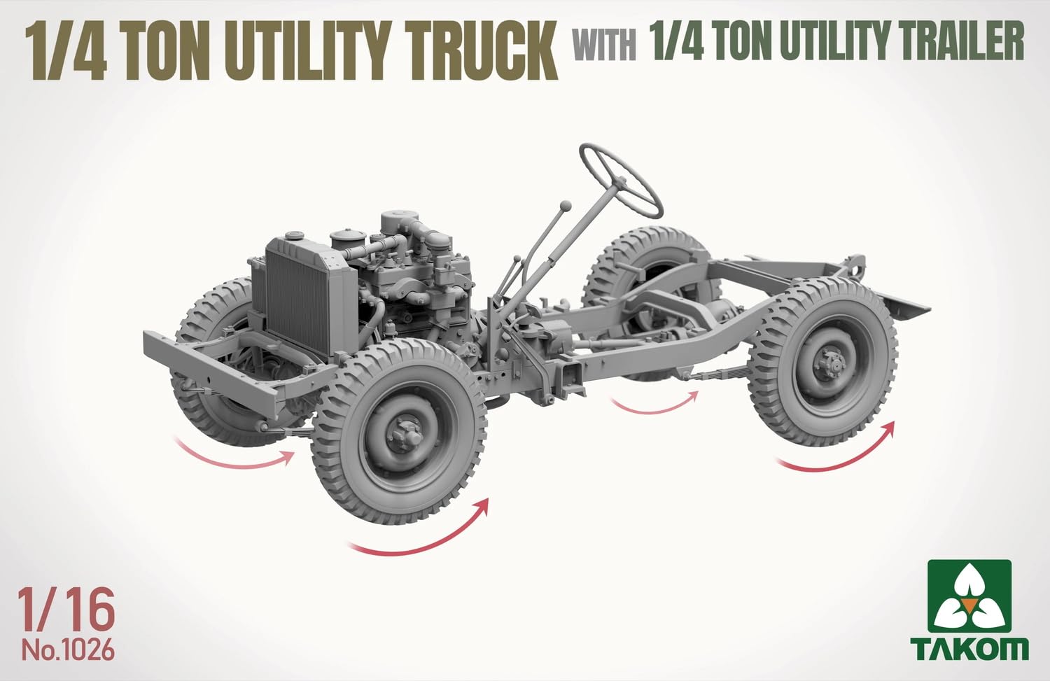TAKOM TAK1026 1/4 ton Utility Truck z przyczepą - zestaw modelarski 1:16 - amerykański samochód terenowy z figurką kierowcy i częściami PE - niezmontowany