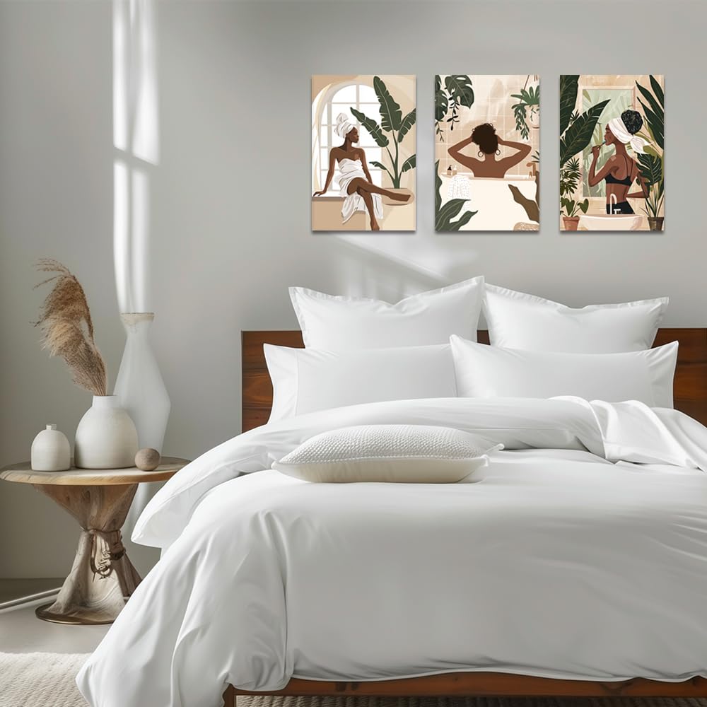 ZQQART Black Girl Canvas Wall Art Fashion African American Picture Prints Boho Black Woman Female Paintings Bathroom Home Wall Decor Framed(White,12.00"x16.00"x3Pcs) - Image 2