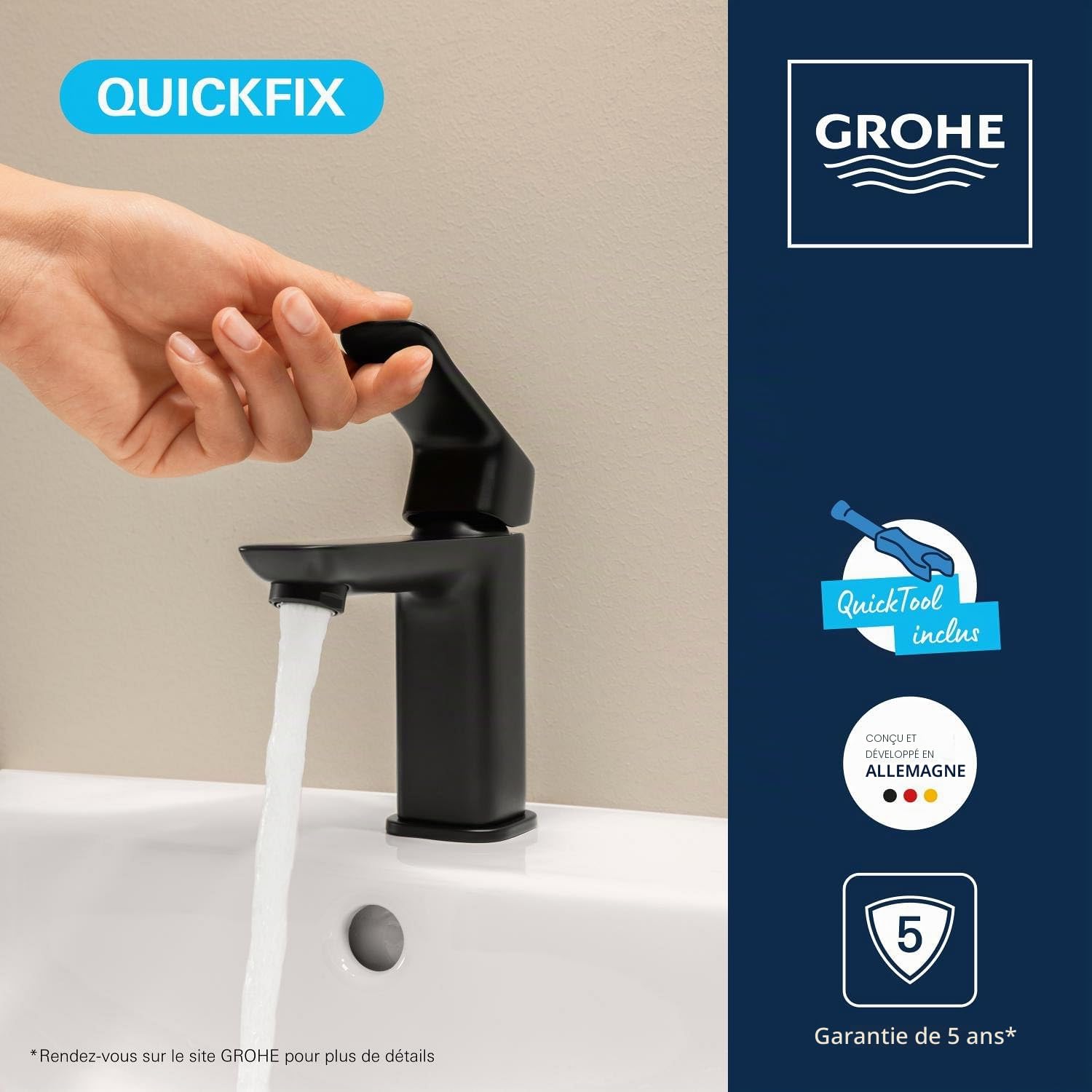 GROHE Dice Mitigeur monocommande Lavabo Taille S (Robinet pour Lavabo de Salle de bain, Avec bonde clic clac, facile à installer avec QuickTool inclus, Economie d'eau), Noir Mat, 1018572430