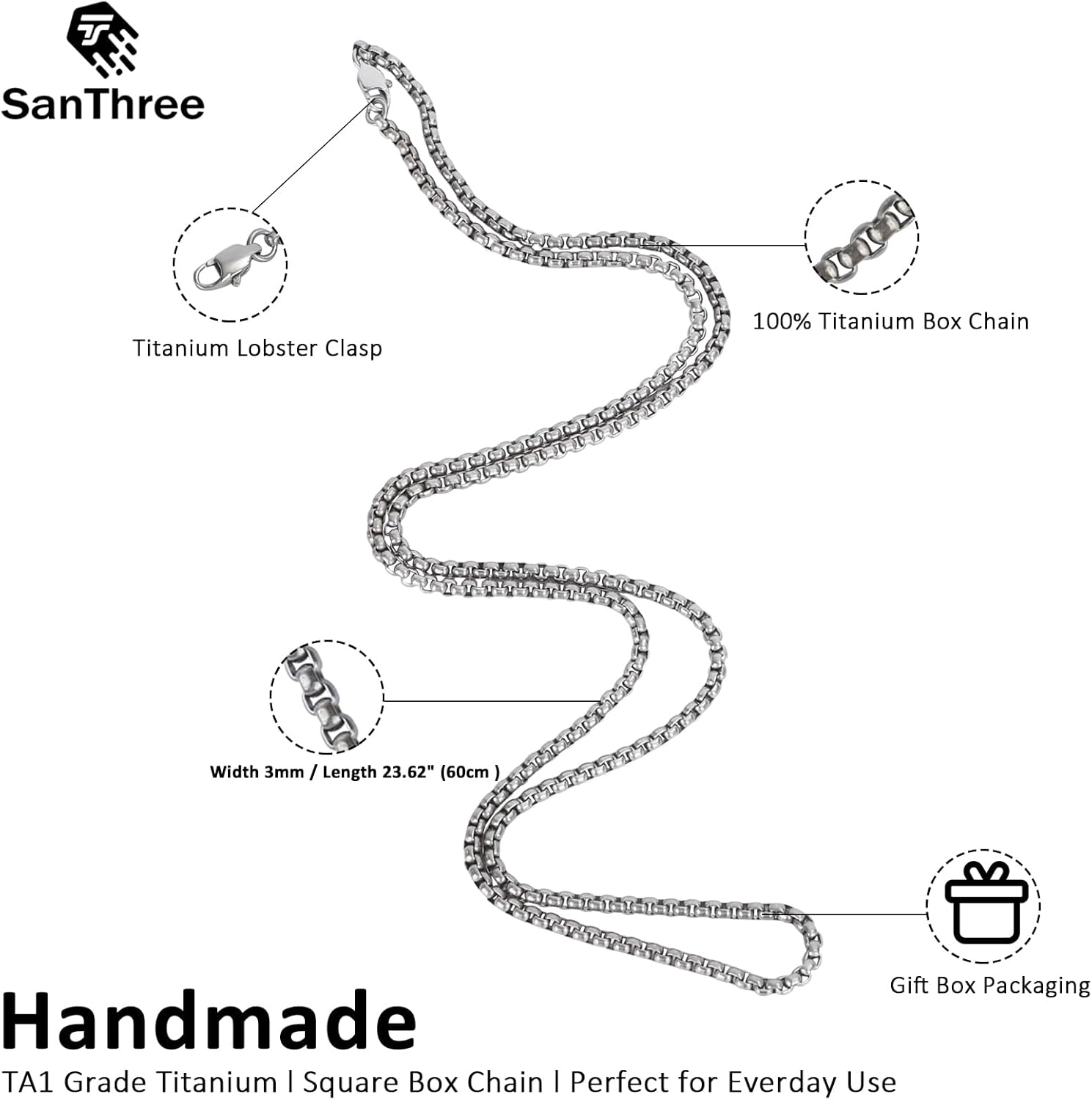 SanThree Pure Titanium Necklace for Men 3mm Square Rolo Chain, Durable Skin Friendly Solid Titanium Round Link Box Chain for Women Gift - Image 5