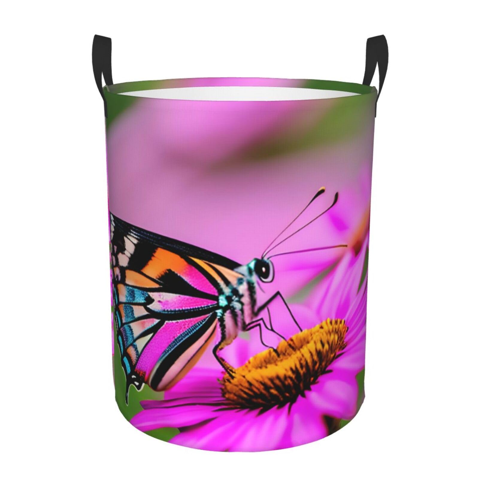 M Collapsible Round Floral with Butterfly Print Laundry Hamper