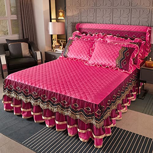 TRQQWEQQ Falda De Cama con Volantes Polvo Cubierta Colchón Valance Suave Y Cómoda Gruesa Hoja Acolchada Europea 3pcs Máquina Lavable(Rose Red,180x200cm)