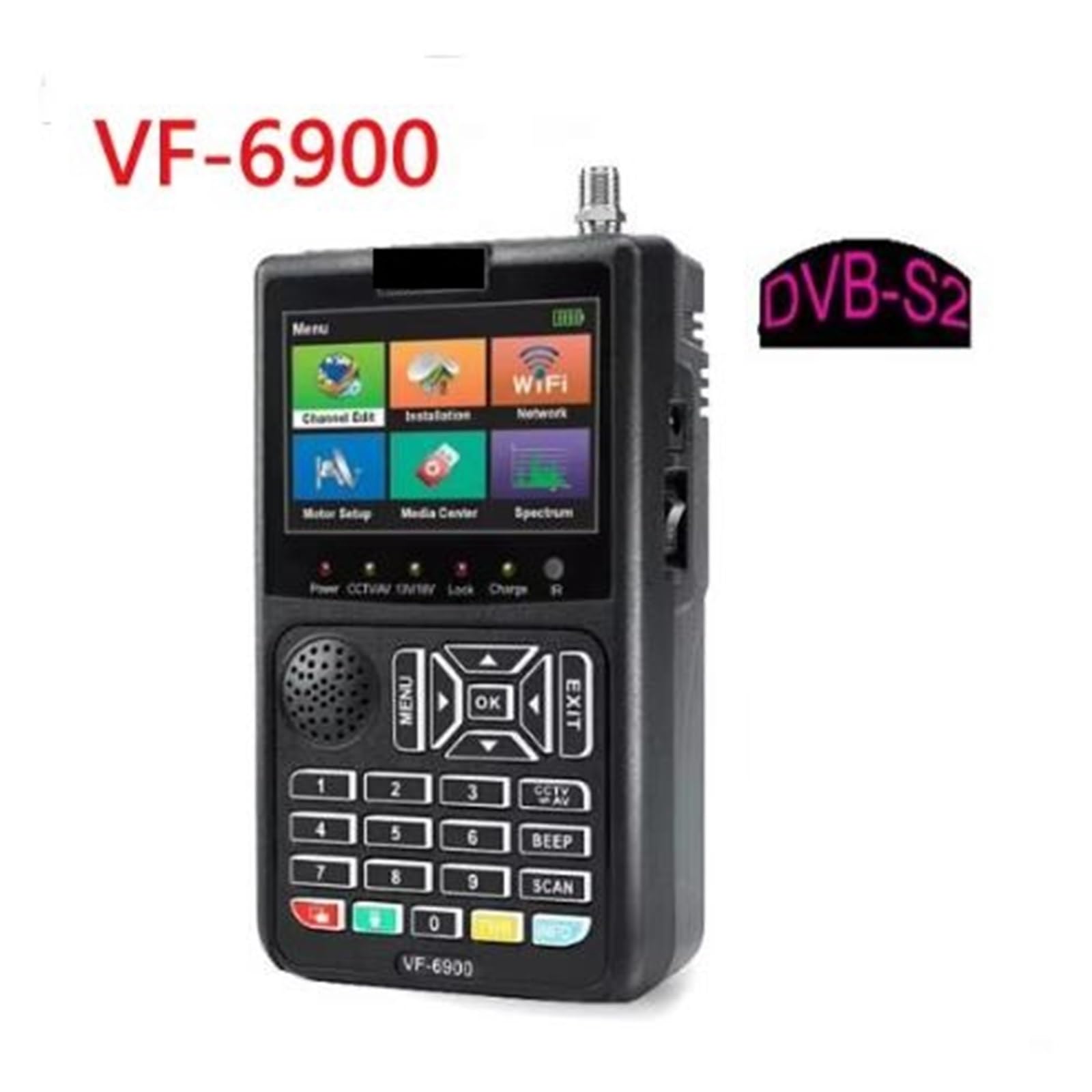 VF-6900 Receptor de TV satelital DVB-S2 CCTV AHD, TVI y CVI Pantalla cámara HD Buscador satélite H.264 Medidor buscador Localizador de señal