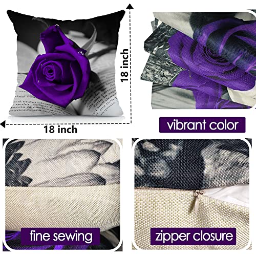 Okasion Set Of 4 18X18 Flower Throw Pillow Covers Purple Rose Couch Bed Decorative Pillow Covers Dark Purple Grey Black Floral Square Pillow Cases Purple Linen Farmhouse Pillow Cover (Purple Black) #TOP5