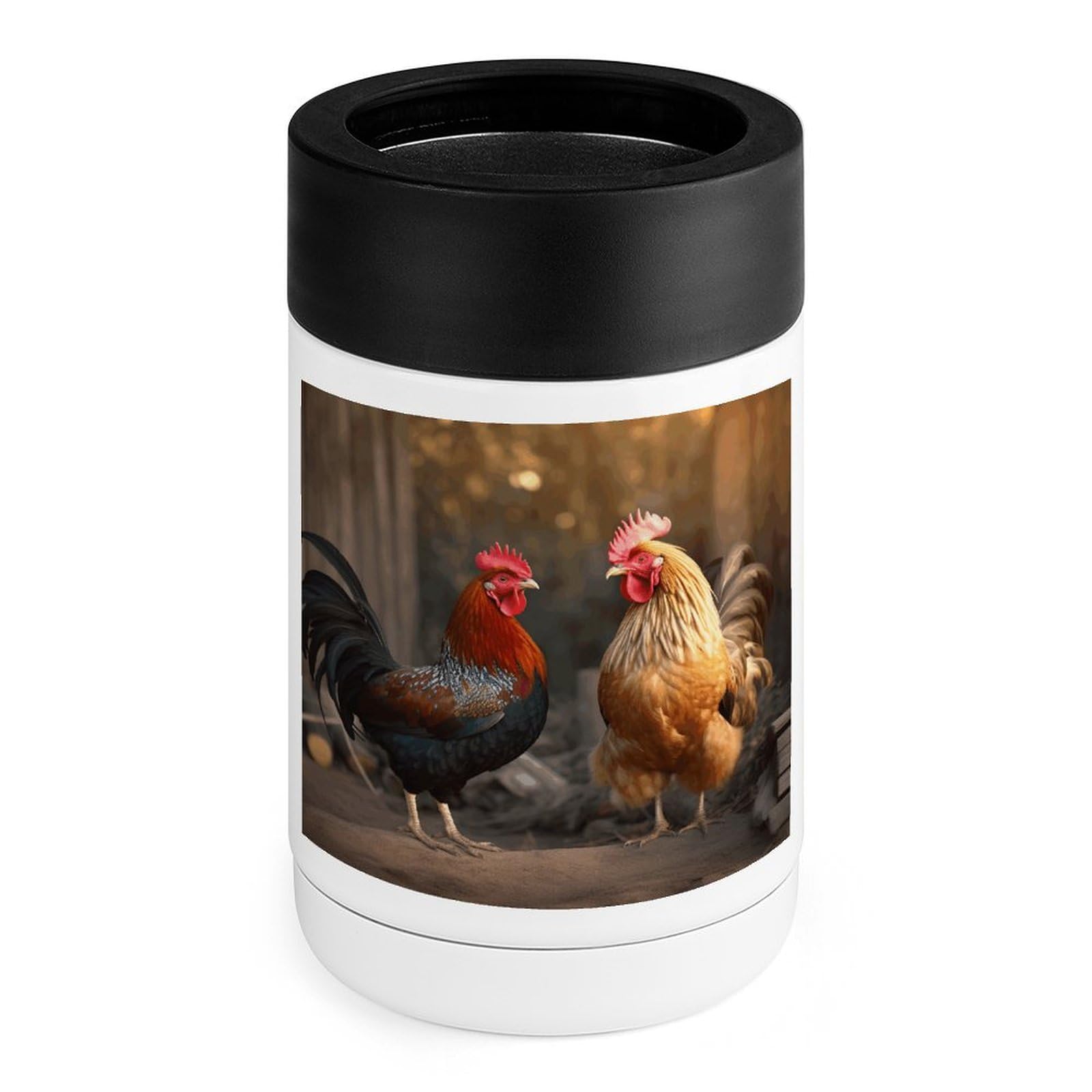 Stainless Steel Beverage Cooler with Silicone Sleeve, Rooster and Chicken Print Multipurpose Drink Chiller for Home, Office, and Outdoor Use