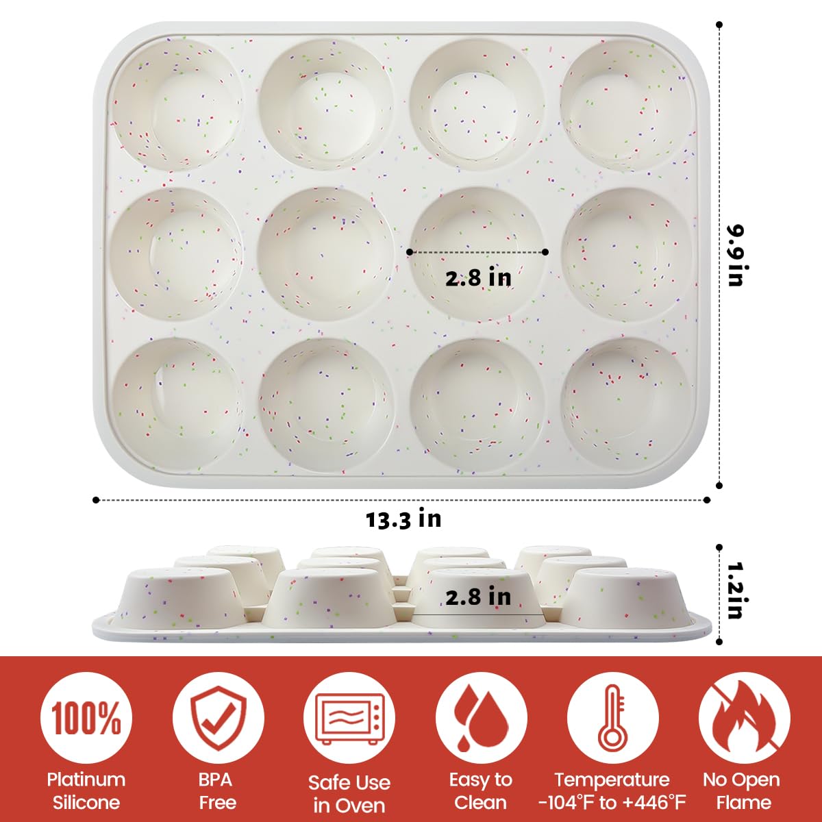 CAKETIME Silikon-Muffinform, metallverstärkter Rahmen, Cupcake-Form, 12 Tassen, normale Größe, leicht zu bewegen in oder aus dem Ofen, antihaftbeschichtet (2)