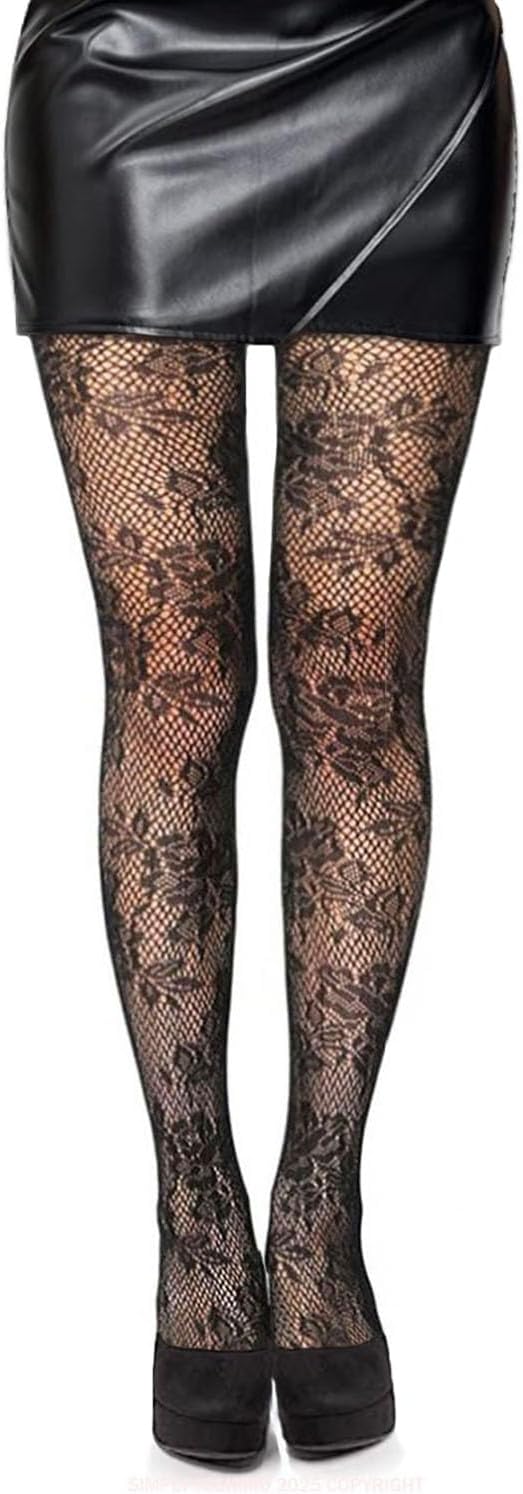 Womens Black Patterned Fishnet Net Tights/Ladies Fashion Pattern Pantyhose (Striped)