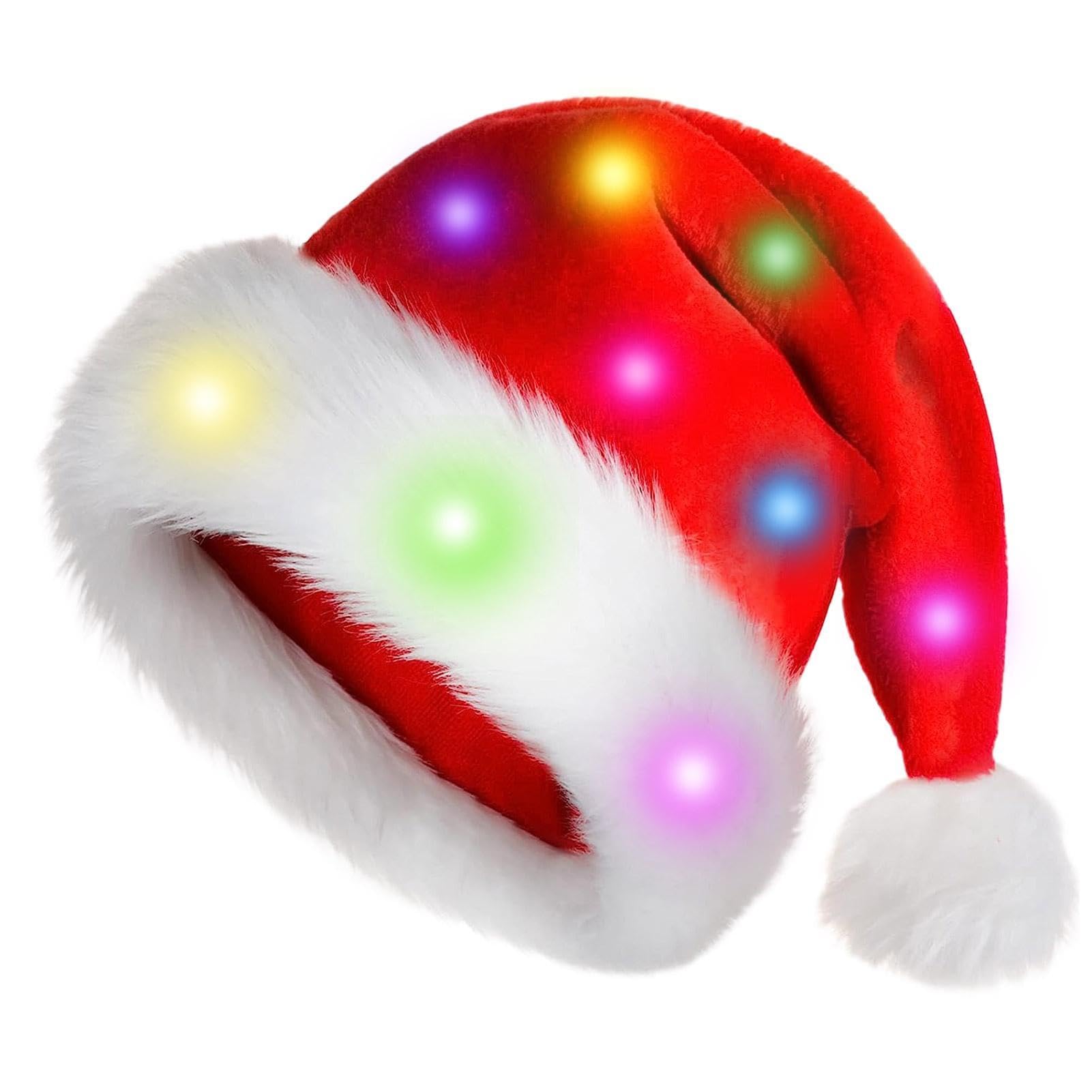 Whnbuij LED Christmas Hat - Plush Santa Light Up Beanie | Soft Faux Fur Cosplay Holiday Cap, Flashing Funny Glowing for Adults Kids