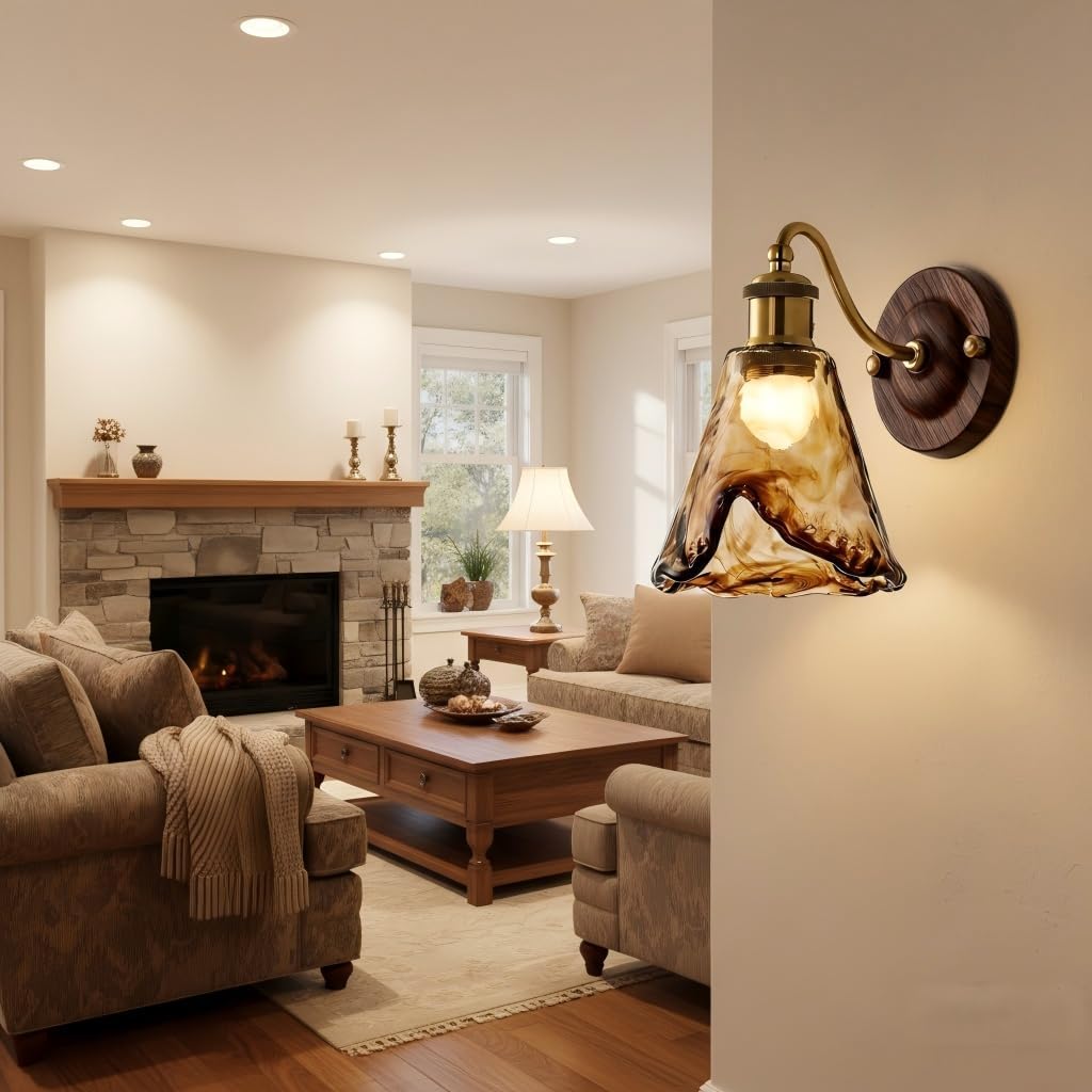 French Vintage LED Wall Sconce Light Fixture with Amber Glow Glass Shade - Hardwired 40W - for Living Room, Bedroom, Hallway, Art Decor Fixture