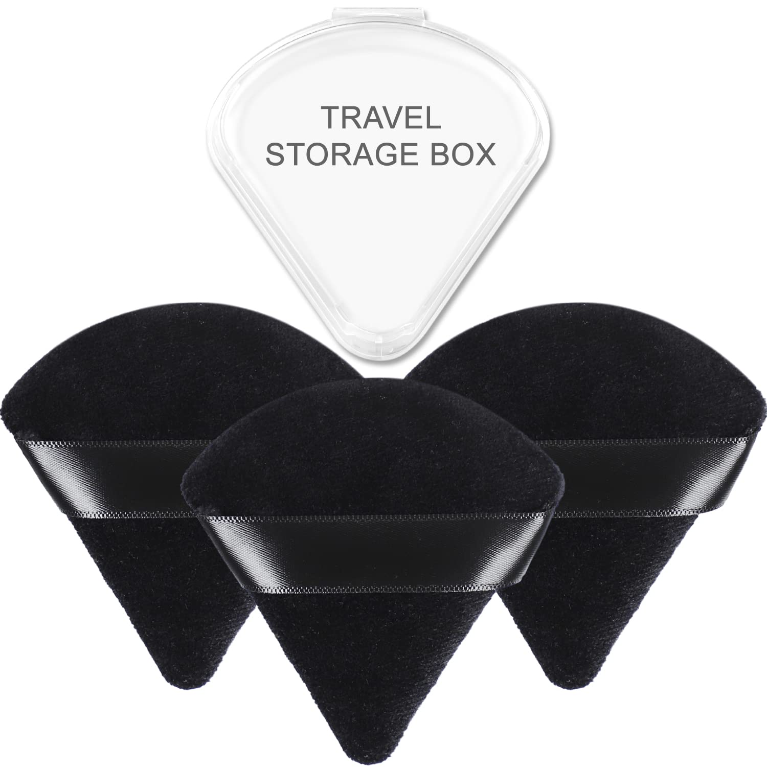 Yrarbil3 Pieces Triangle Powder Puff, Soft Velour Puff Face Makeup Puff for Loose/Body/Mineral Powder, Wet and Dry Dual-use, with Travel Storage Box (Black)