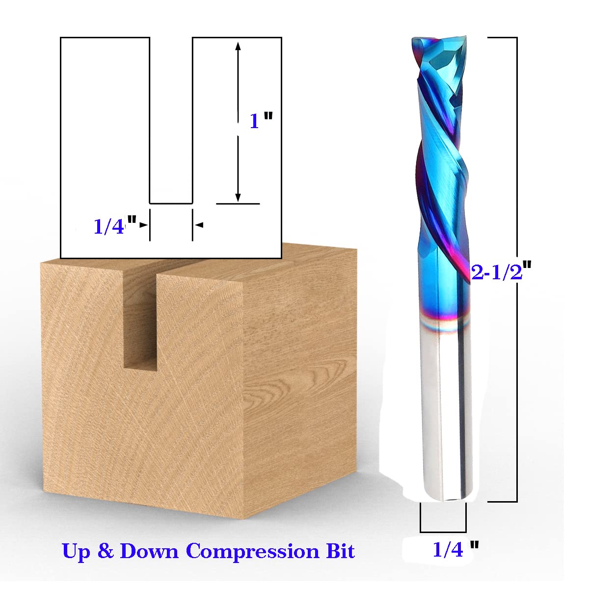 XUAN Spiral Router Bits Up Down Compression Bit 1/4 inch Cutting Diameter with Nano Blue Coated, 1/4 inch Shank Solid Carbide CNC End Mill for Wood Carving Engraver Milling Cutters F2277