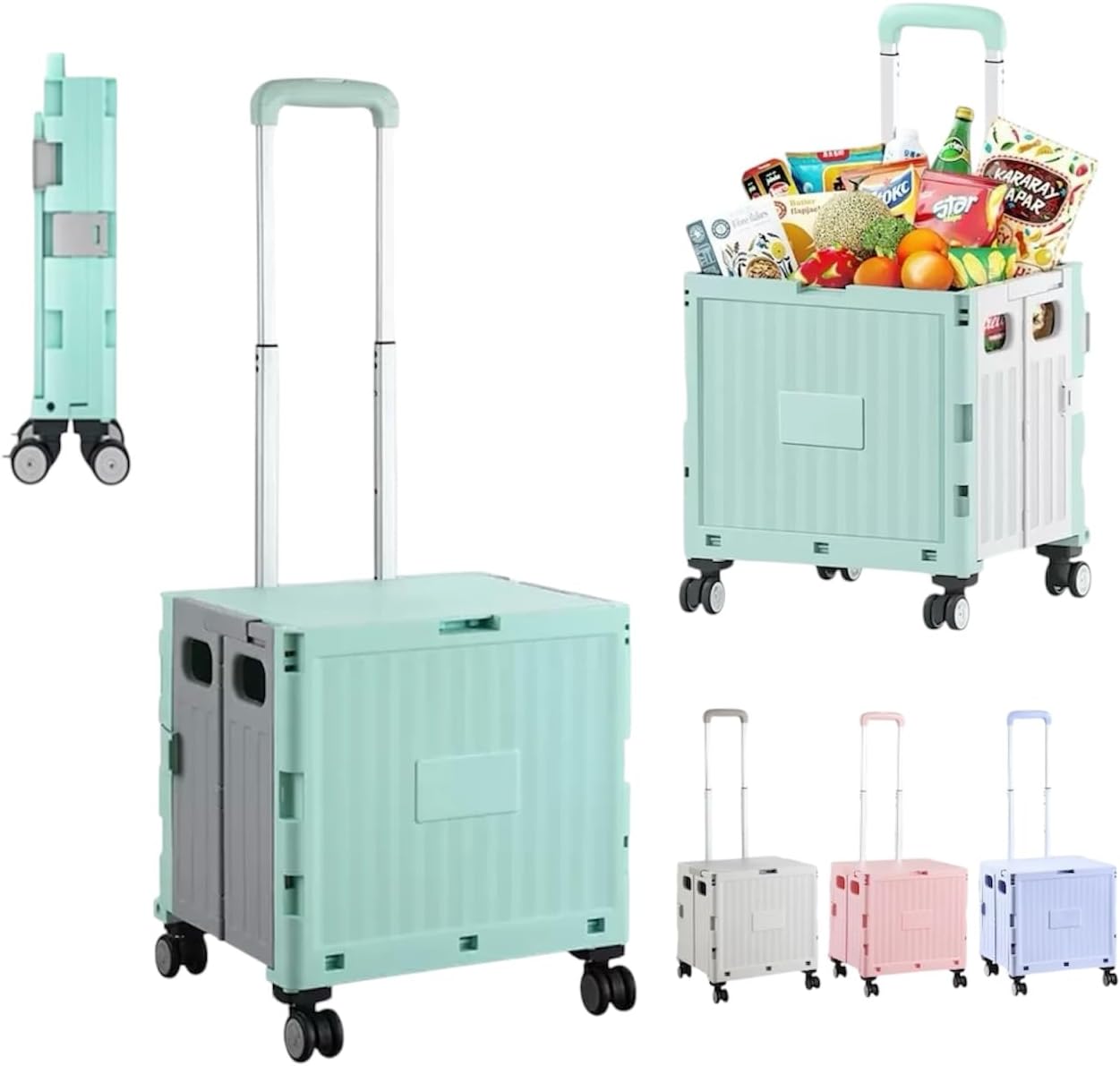 Foldable Utility Cart, Portable Rolling Crate Handcart with 360° Rotating Wheels, Detachable Lid, and Telescoping Handle, Collapsible Shopping Trolley for Travel, Office, Grocery, and Luggage Storage