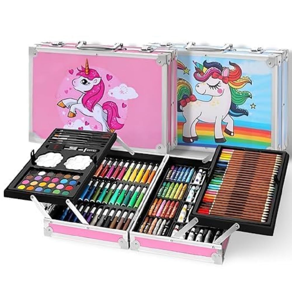 FLEEXA Art Set 145 Pieces Drawing & Painting Kit with Unicorn Aluminium Case - Color Pencils, Crayons, Oil Pastels, Watercolor Set for Kids, Girls & Boys | Portable Art Supplies Gift Kit