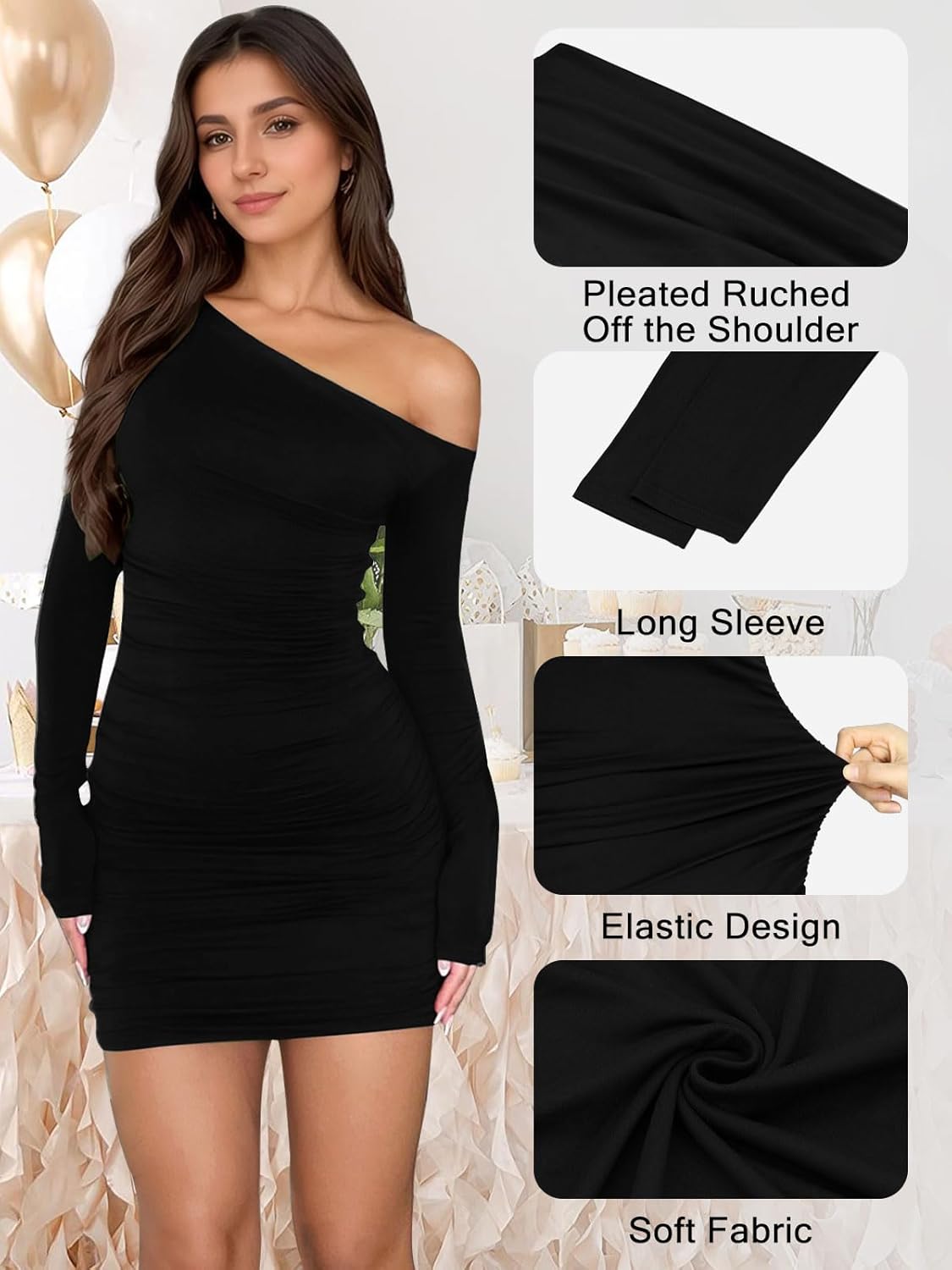 Women's Sexy Off Shoulder Dress Long Sleeve Bodycon Ruched Going Out Cocktail Party Short Mini Dresses - Image 6