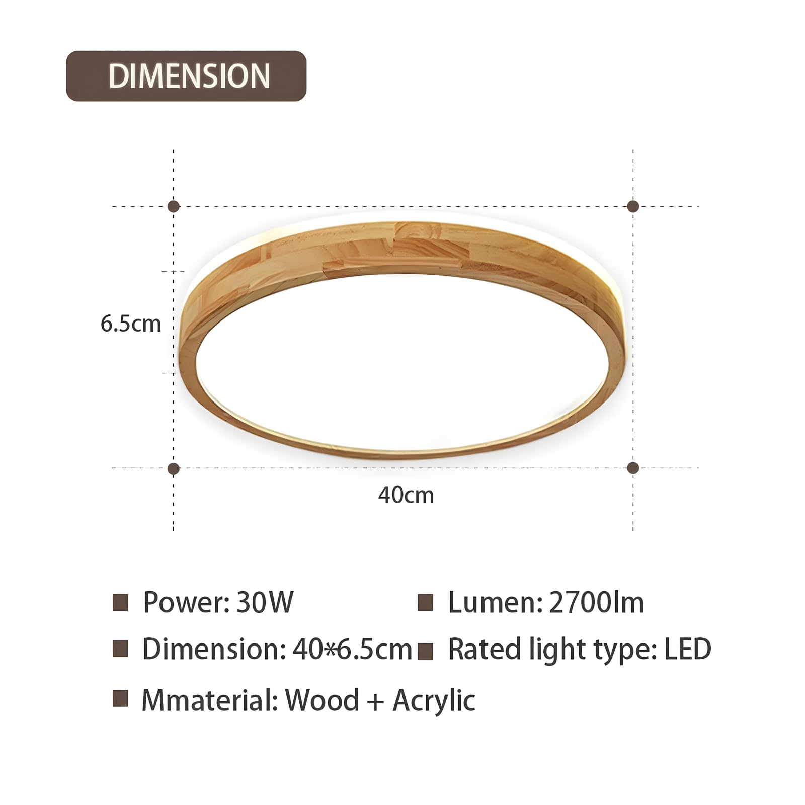 Holz LED Deckenleuchte | Ø40cm 3000-6000K 30W | Runden Oberseite, 360° Leuchtende Natürliche Holzlampe, Schlafzimmer Wohnzimmer Kinderzimmer Küche Esszimmer (Dimmbar Mit Fernbedienung)