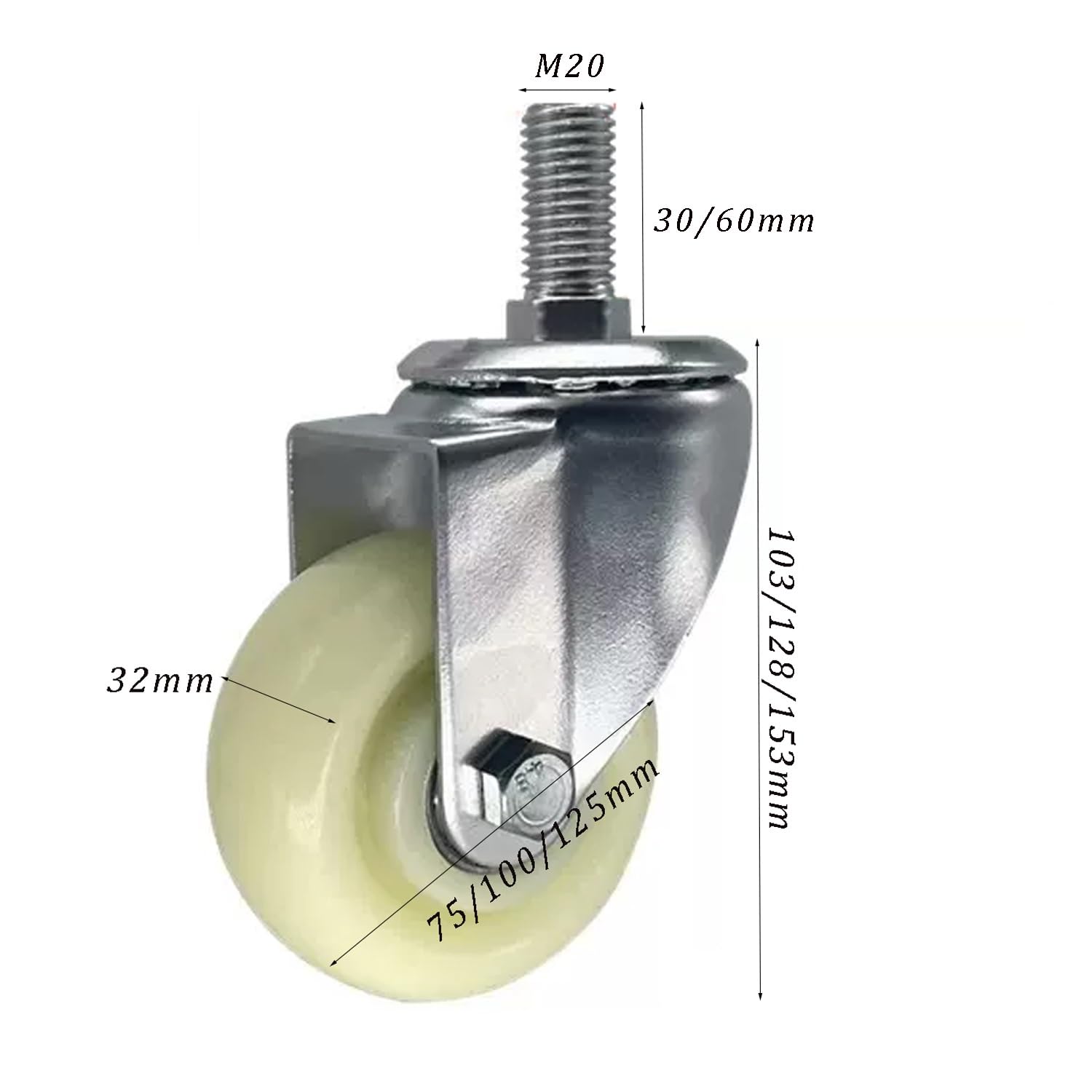 Ruote girevoli Resistenti da 75, 100 e 125 mm con Filettatura M20 e Freno, Ruote in Nylon per mobili, Set di 4 Ruote industriali per Una Facile Mobilità