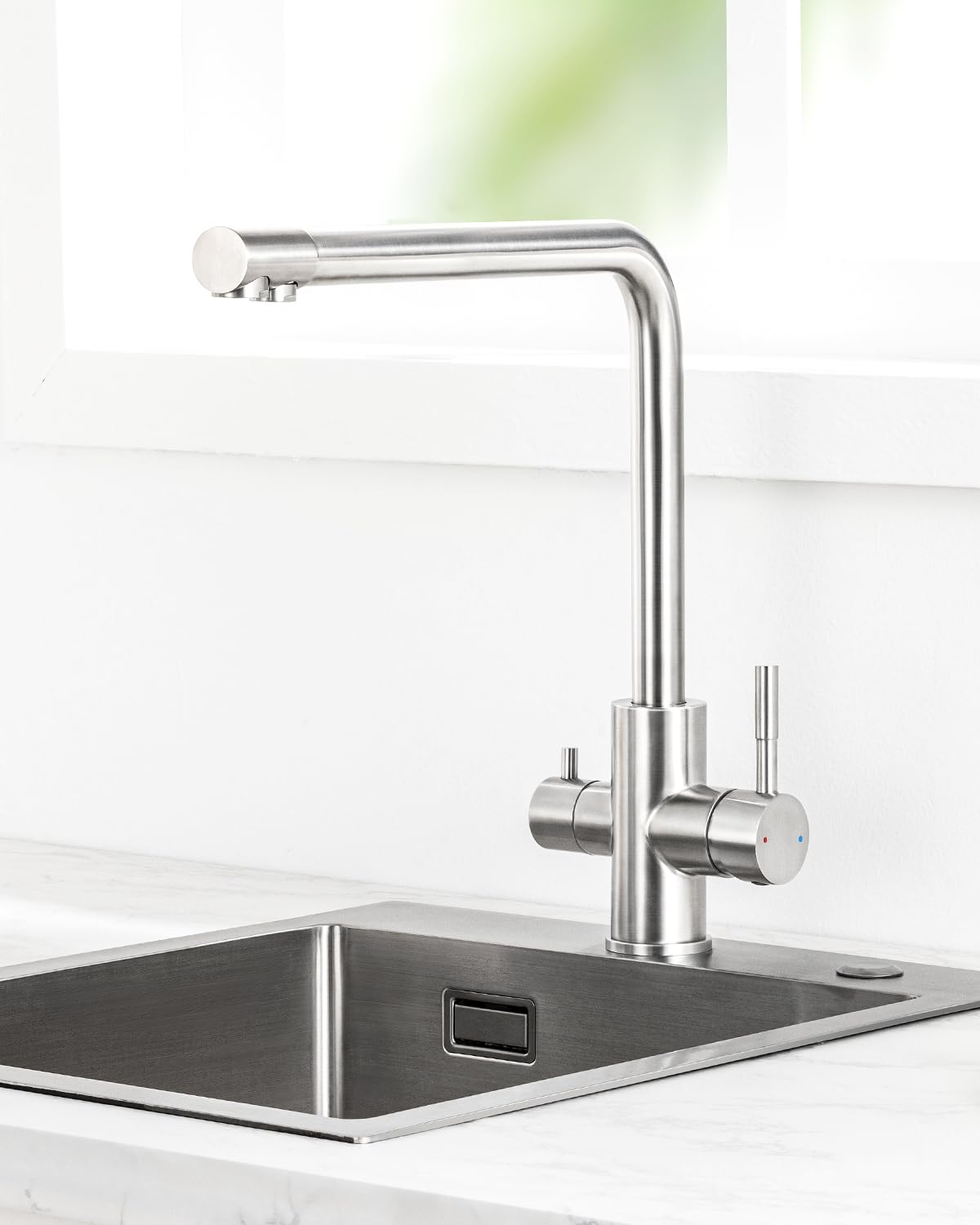 Rubinetto Cucina 3 Vie per Depuratore, Rubinetto Lavello Cucina Con 2 Leve, Miscelatore Cucina con Acqua Calda, Fredda e Acqua Purificata, Miscelatore 3 Vie Acciaio Inossidabile Spazzolato