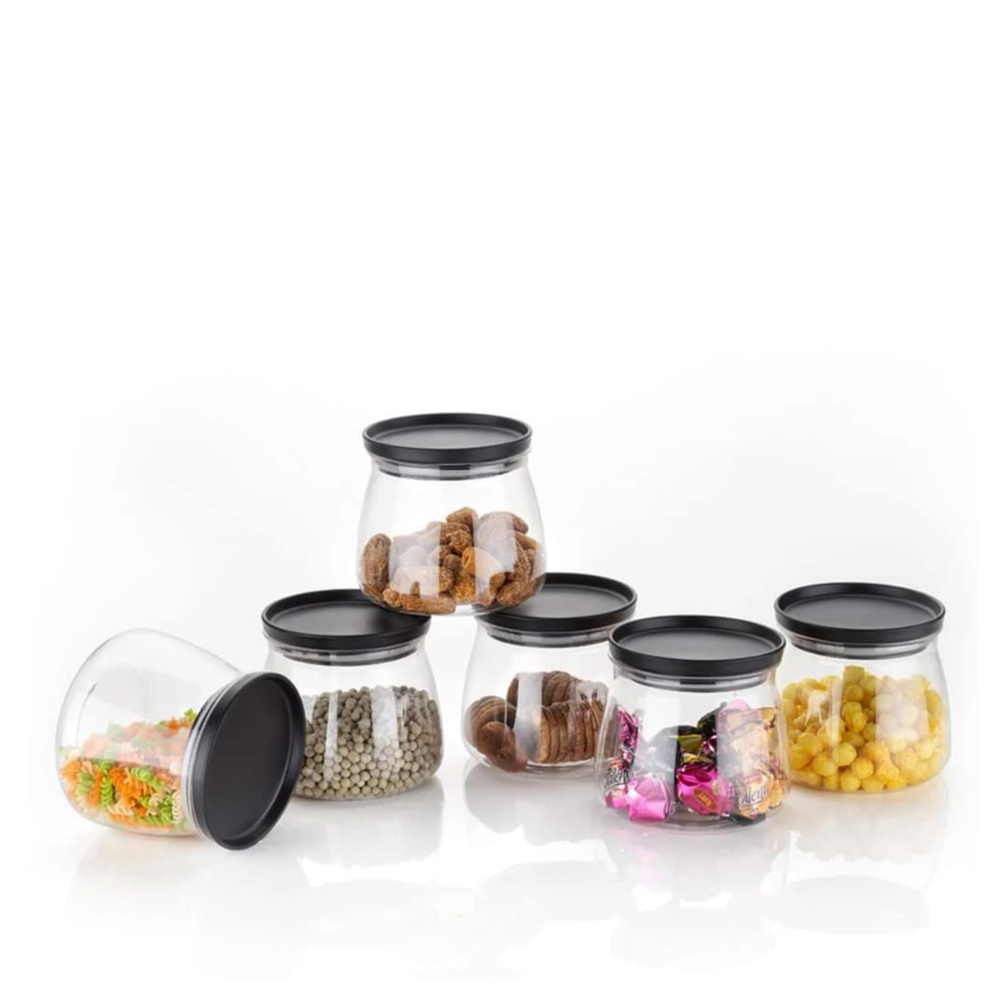 Sulfar Crystal Clear Matka Shaped Glass Jar with Air Tight and Leak Proof Red Colour Plastic lid Jar for Masala, Dry Fruit and Kitchen Canister 900ml Pack of (6 pcs), Multicolor, Large (2286)