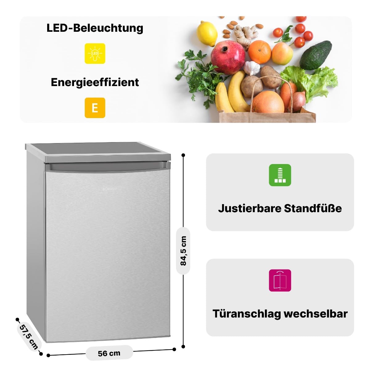 Bomann Frigorifero 133L in acciaio inox VS2185-1-inox, Capacità netta: 133 litri, Illuminazione interna a LED, Controllo continuo della temperatura, 3 ripiani in vetro