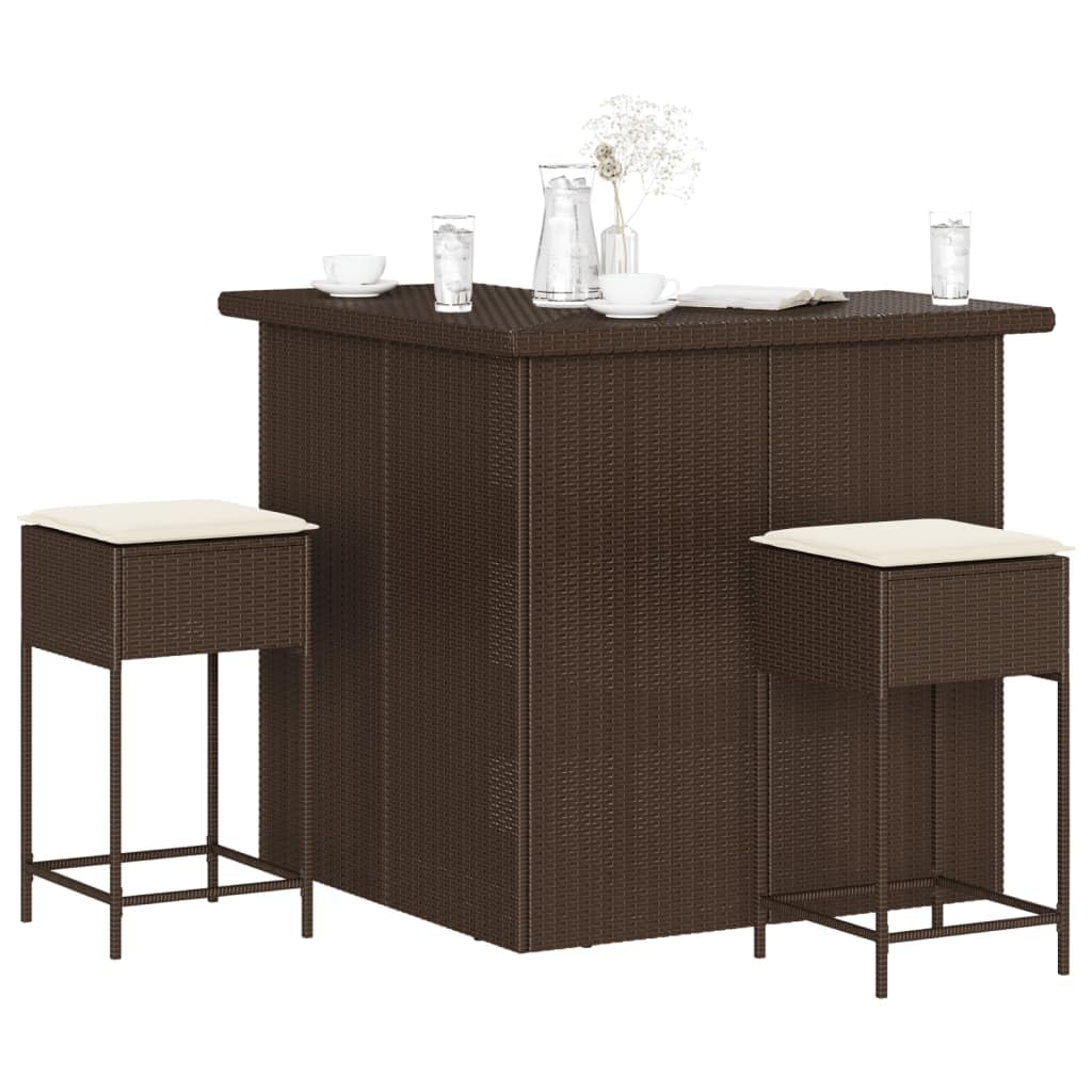 vidaXL Juego de Bar de jardín de 3 Piezas con Cojines ratán PE marrón, Mesa Alta y taburetes de Exterior, Juego de Bar, Juego de Muebles