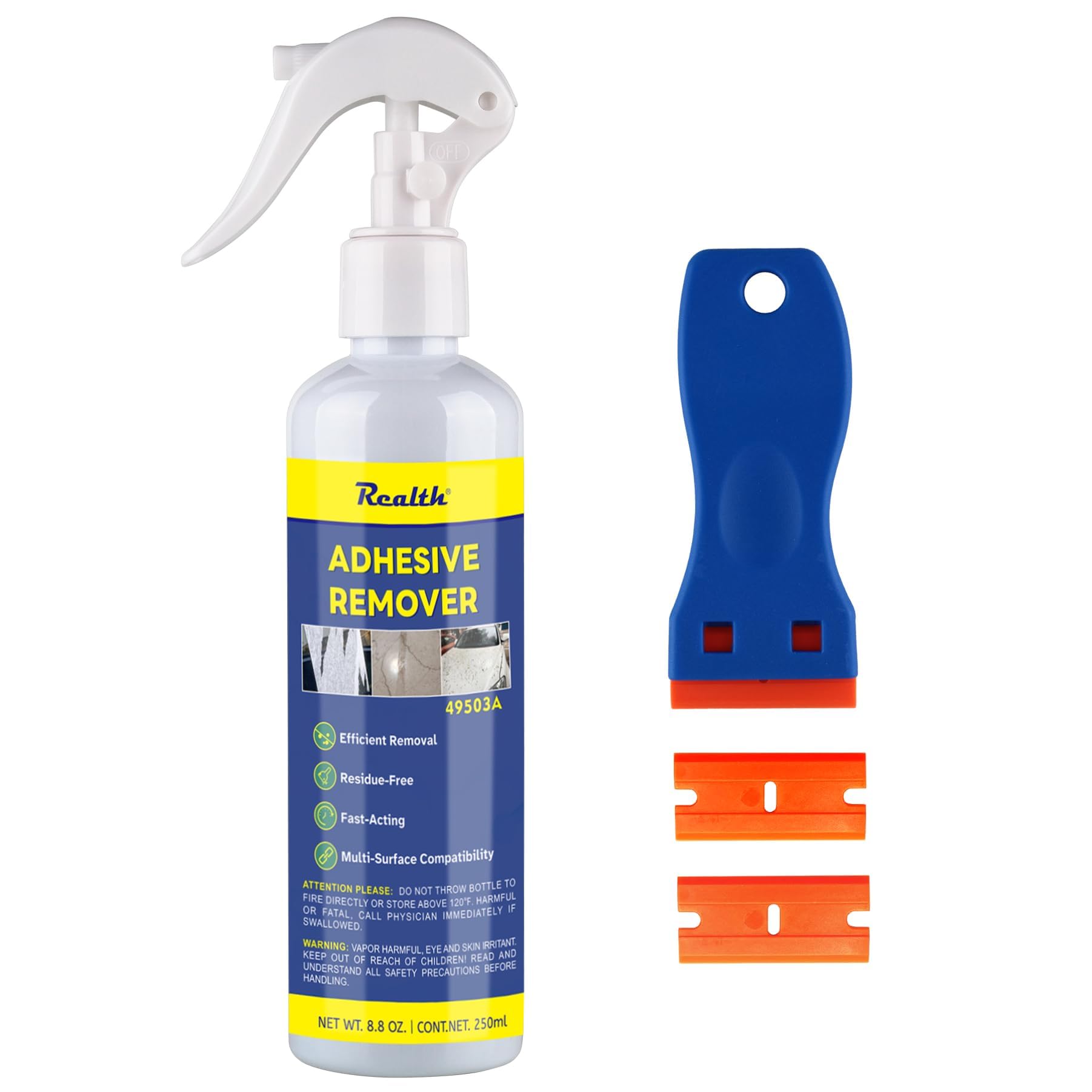 Realth Usuwanie naklejek | 250 ml z ostrzami z tworzywa sztucznego | Spray do usuwania naklejek i kleju, szybkie usuwanie bez pozostałości, do etykiet na taśmie klejącej, pozostałości kleju