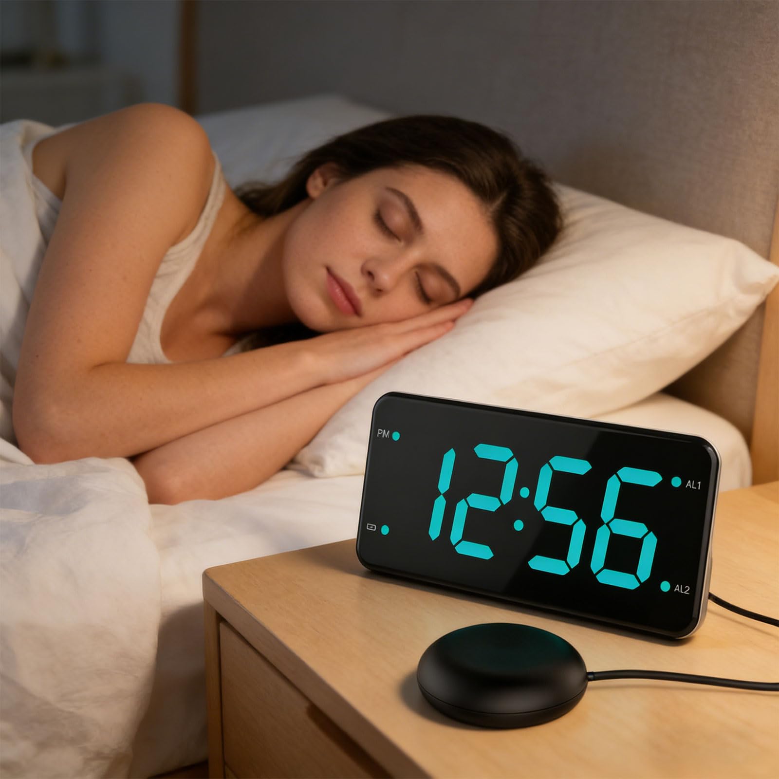 Vibrierende Wecker mit Bettschüttler, 4 Dimmern, 2 Alarmen und Schlummerfunktion für Schlafzimmer, Hörgeschädigte, Gehörlose, Laute Uhren, vibrierende Uhr für schwere Schläfer