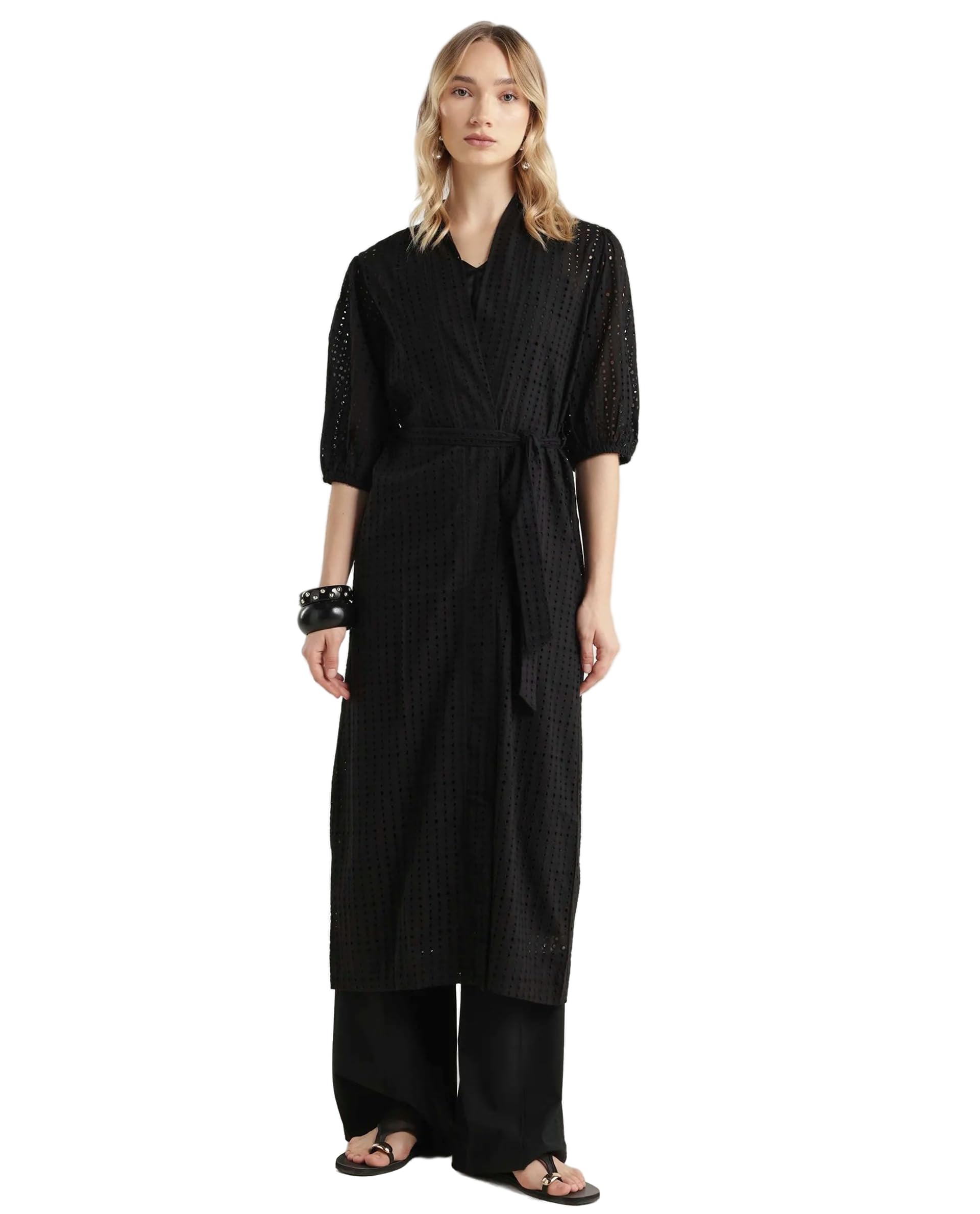 rareism Regular Solid Black Cotton Collarless 3/4 Puff Sleeve Shrug-picture-11
