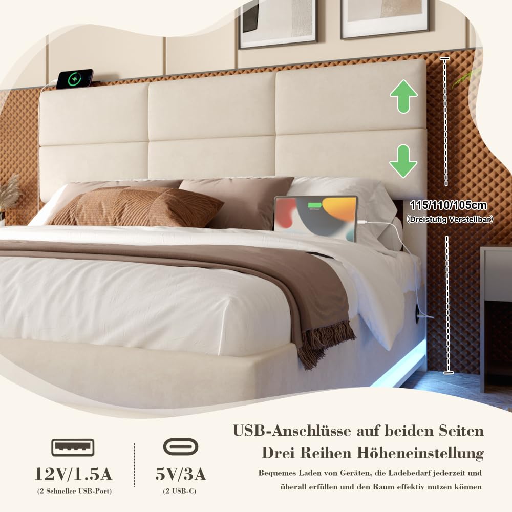 Lubvtti Cama acolchada con LED y puertos USB & TypeC, cama de matrimonio con contenedor hidráulico y cabecero regulable en altura, cama de matrimonio con canapé, terciopelo (beige, 160 x 200)