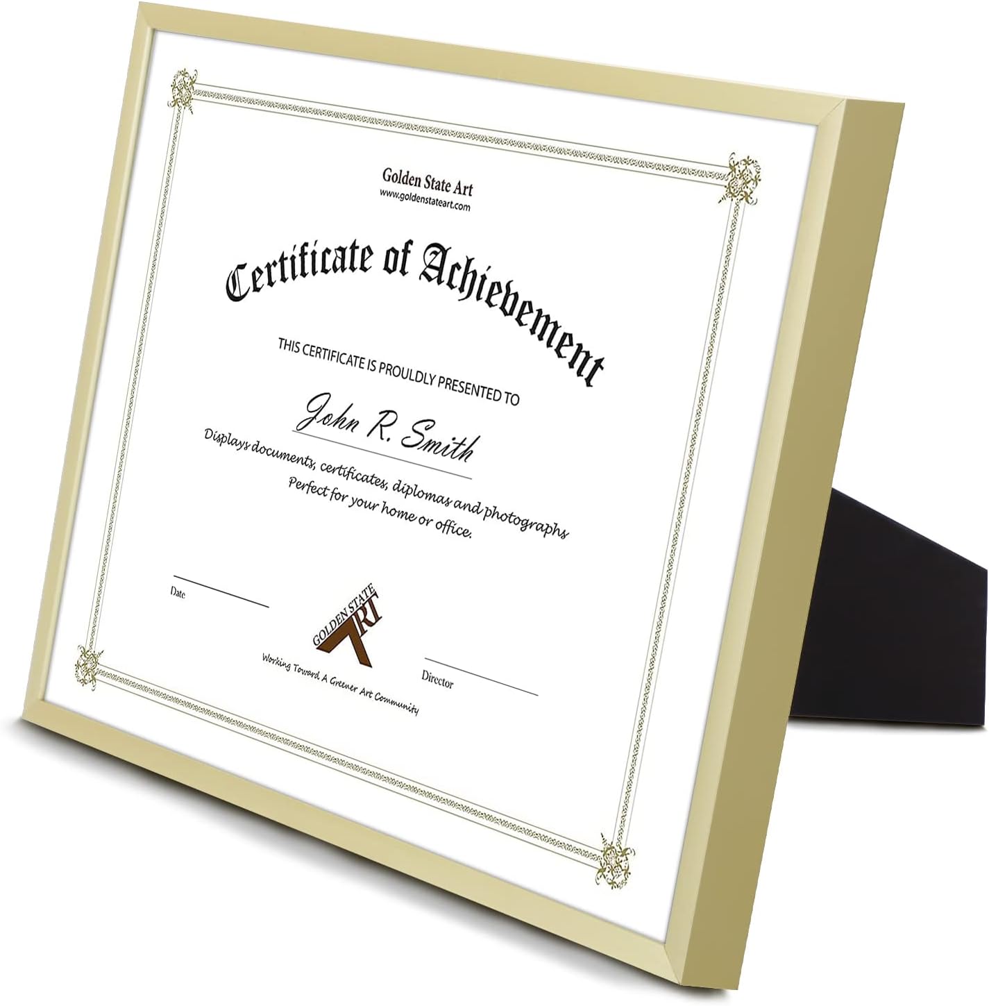 Golden State Art, 8.5x11 Aluminum Frame, Real Glass, Metal Frame for 8.5 by 11 inch Document, Certificate, Diploma. with Easel Stand (Glod, 2 Pack)