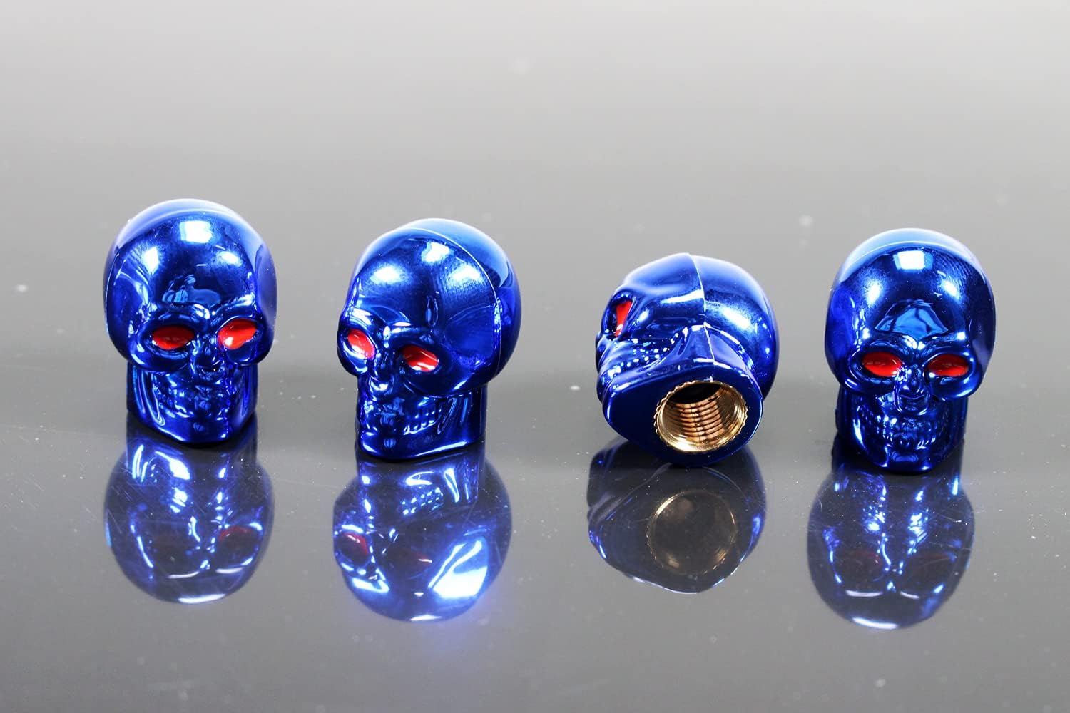 Dsycar Skull Style Tire Valve Stem Caps Antirust Copper Core, Red Eyes with Rubber Ring, Universal Stem Covers for Cars, SUVs, Bike and Bicycle, Trucks, Motorcycles - 4Pcs/Box - (Blue)