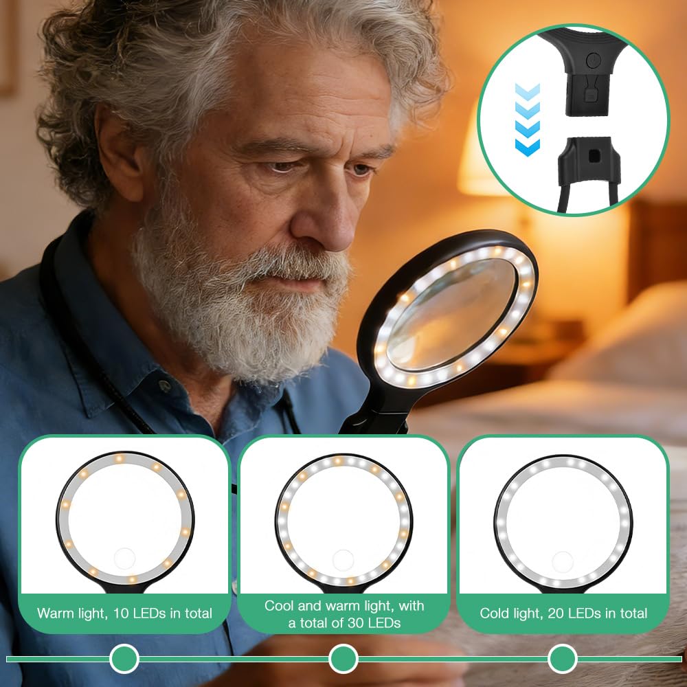 5X 10X Hands Free Magnifying Glass with Light, 3-in-1 Gooseneck Magnifier for Reading, Rechargeable Flexible Gooseneck Magnifier, 3 Color Mode, for Craft Cross Stitch Sewing Reading Books - Image 3