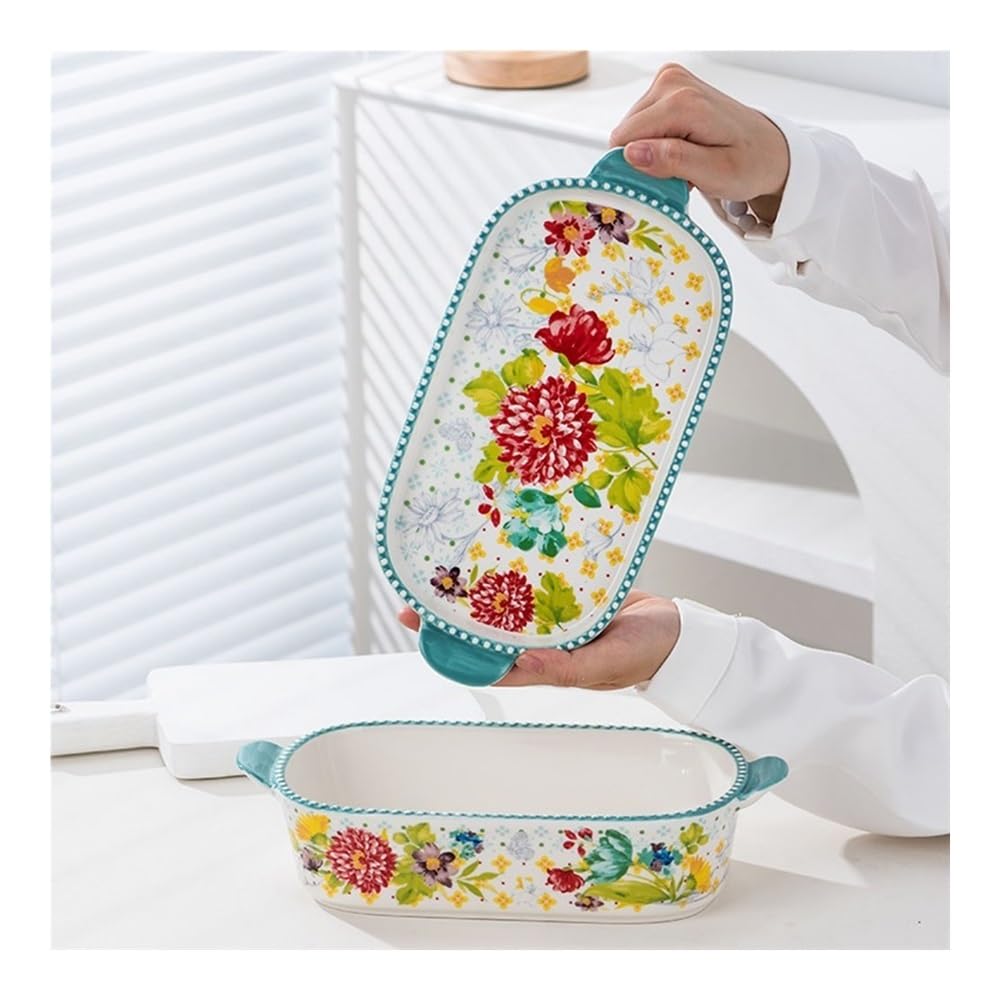 Backform Bunte, handbemalte, florale Backform mit zwei Griffen und Deckel, rechteckiges Geschirr, Käse-Reis-Auflauf