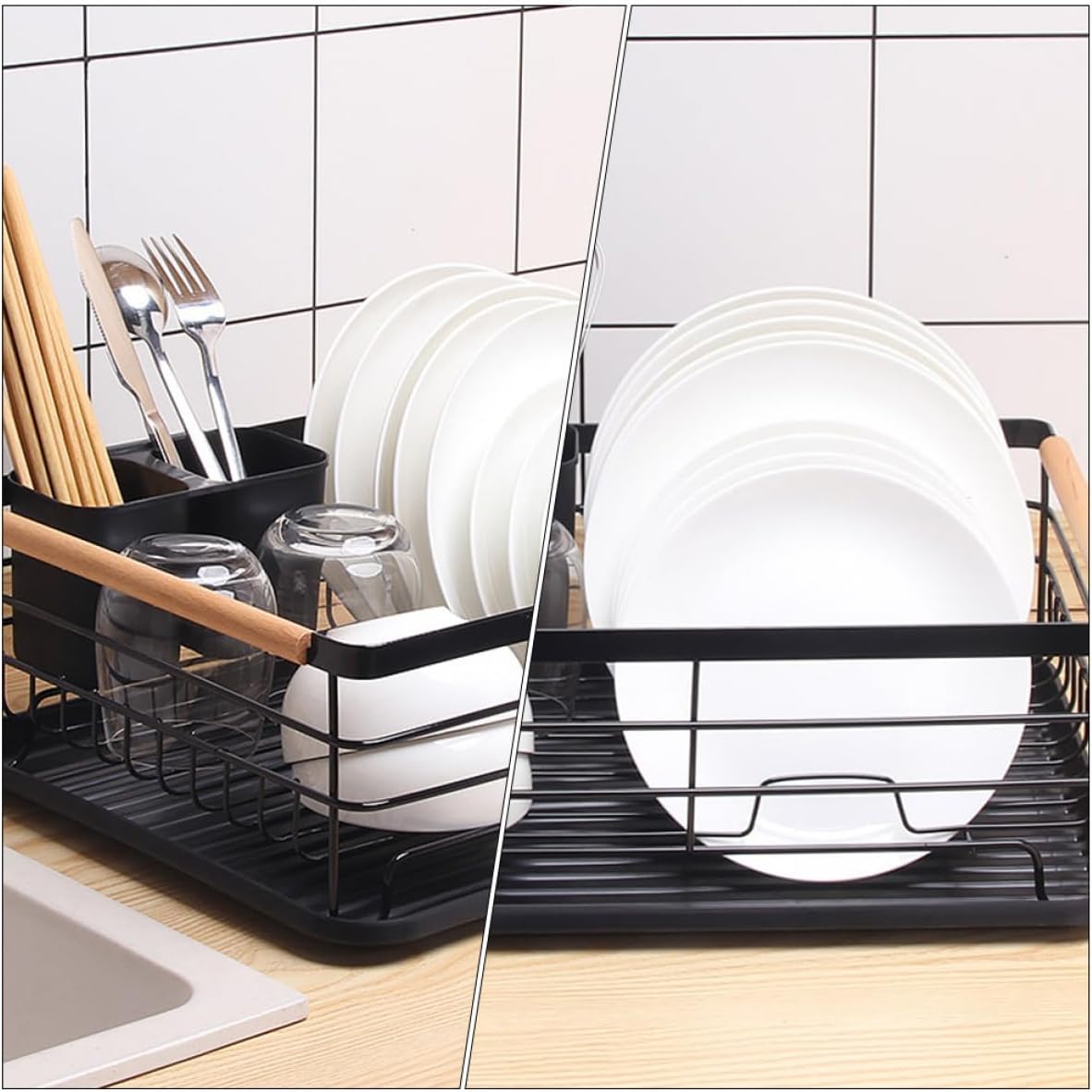 Kitchen Countertop Dish Rack and Bowl Organizer, Black Iron Drying Rack with Cutlery Holder, Compact Kitchen Sink Drainer for Home Dish and Utensil Storage