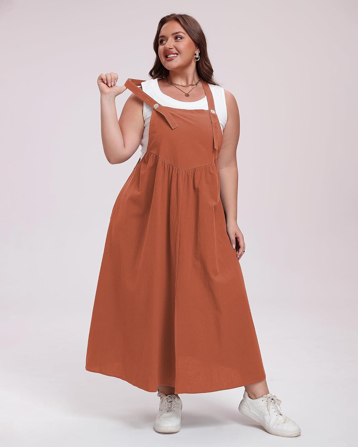 Moon Wood Plus Size Cotton Overall Dress for Women Front Slit Jumper Dress Loose Fit Casual Maxi Dress with Pockets - Image 4