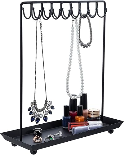 MyGift Soporte de joyería de metal negro para mujer, soporte organizador de joyas para collares con 20 ganchos y bandeja para anillos, poste