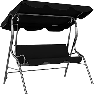 Outsunny 3-Seat Patio Swing, Outdoor Swing with Adjustable Canopy and Cushion for Garden, Poolside, Backyard, Black