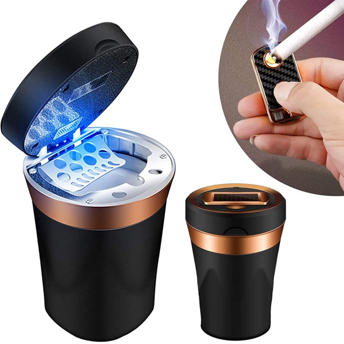 ZKR Car Ashtray, Ceramic Automatic Ashtray, Electronic Cigarette Lighter, Detachable Solar/USB Rechargeable Blue Cover LED Light (Black)