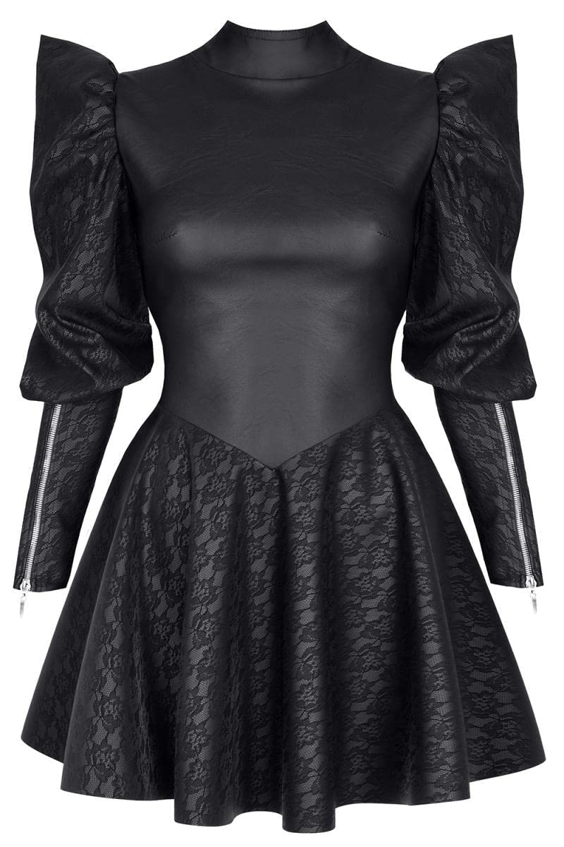 DemoniqFaux leather mini dress with lace sleeves with floral pattern