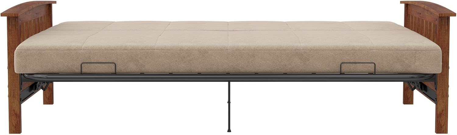 Gray Linen Reclining Futon with Dark Wood Arms and Metal Frame