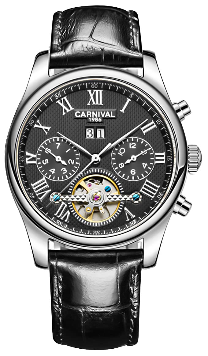 MASTOP Men's Automatic Mechanical Watch Date Moon Phase 24-Hour Indication Calfskin Leather Transparent Watches