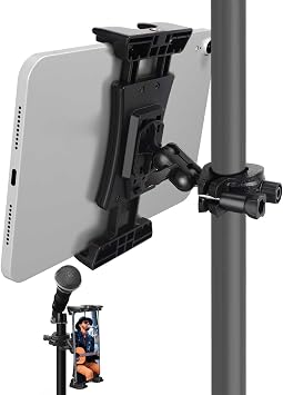 Sunmig Tablet Holder for Mic Stand, iPad Holder Stand Adjustable Micophone Music Stand Mount Rotatable Phone Holder Compatible with iPad Pro Air Mini iPhone, All Smartphone 4-13.5 inch
