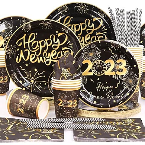 Forfamy New Year Party Tableware Set 120PCS New Year Plates Paper Cups Napkins Christmas Party Decoration Set for Christmas New Year Party Supplies Serve 24 Guests Cover