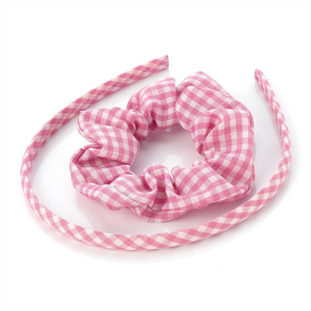 Two piece pink gingham headband & scrunchie hair accessories set
