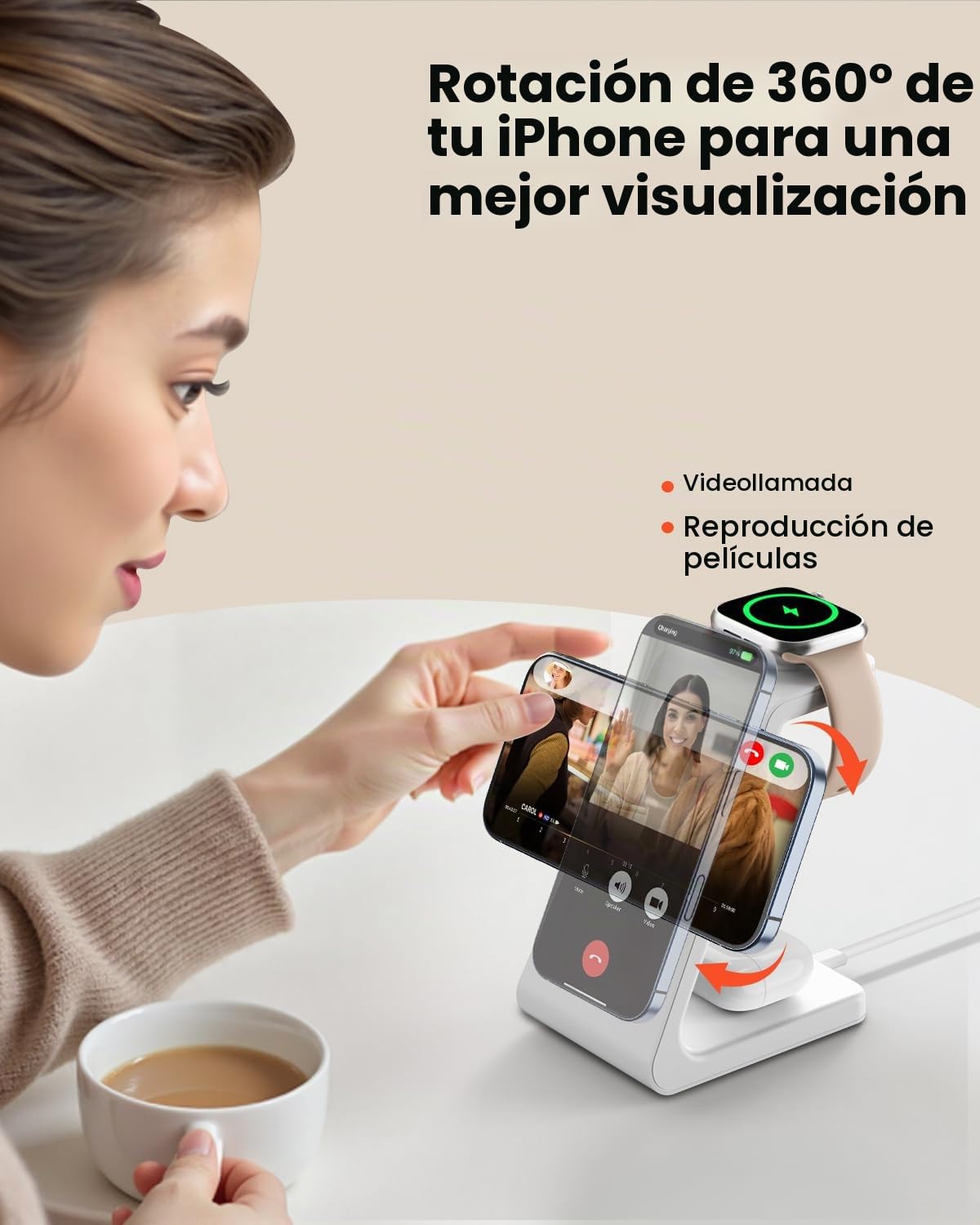GEEKERA Cargador Inalámbrico 3 en 1 Certificado, Estación de Carga Rápida 15W Compatible con iPhone Air/17/16/15/14/13/12, Base Cargador para Apple Watch 11-2 y AirPods, Blanco Gris