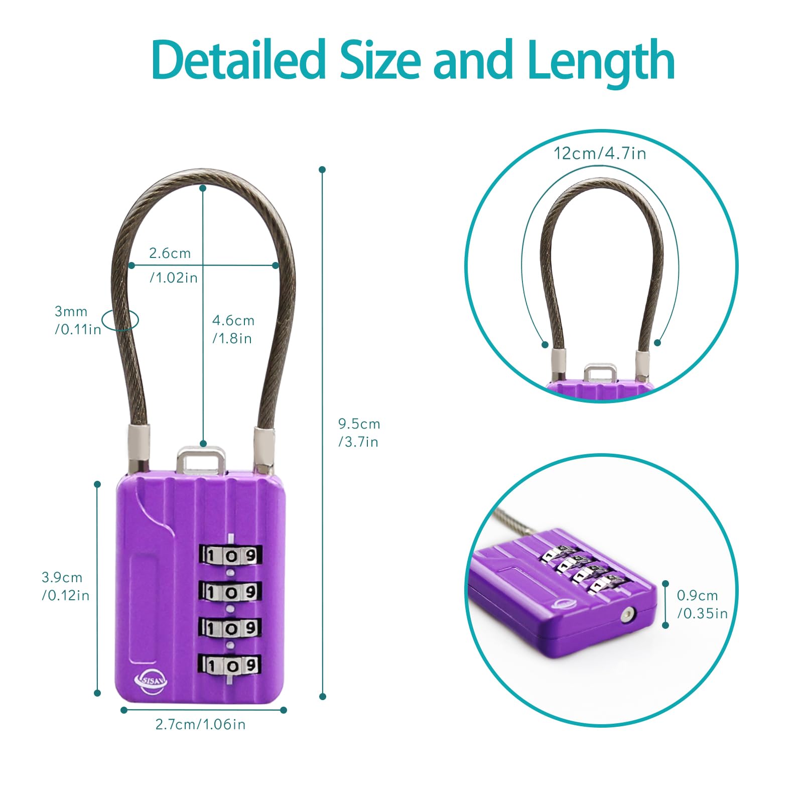 SISAV 4 Digit Cable Combination Locks 4.7 inches(12cm) Cable for School Gym Locker,Helmet,Filing Cabinets,Toolbox,Luggage Suitcase,knapsack,Cable 3mm Diameter,Purple(2 Pack) - Image 2