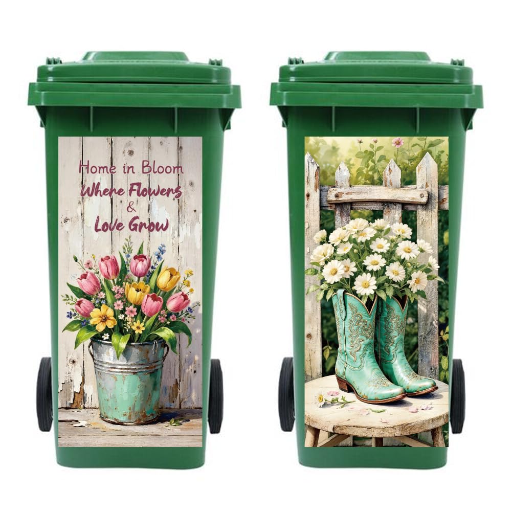 Peacoblue 2Pcs Wheelie Bin Stickers Retro Tulips Daisies for Dustbin Decor