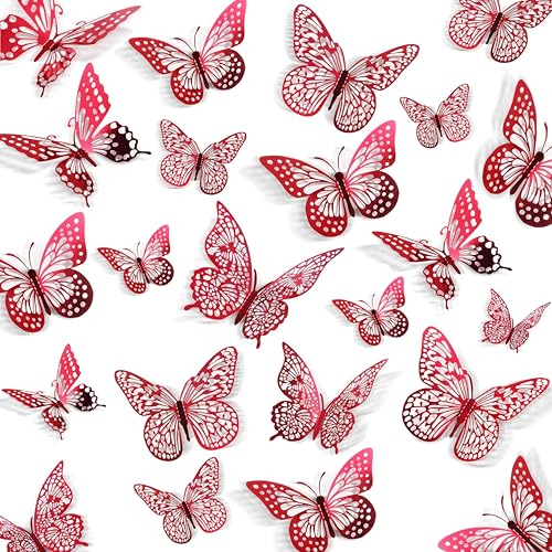 Decoración de pared mariposas 3D rojas juego 48 piezas miniatura 1
