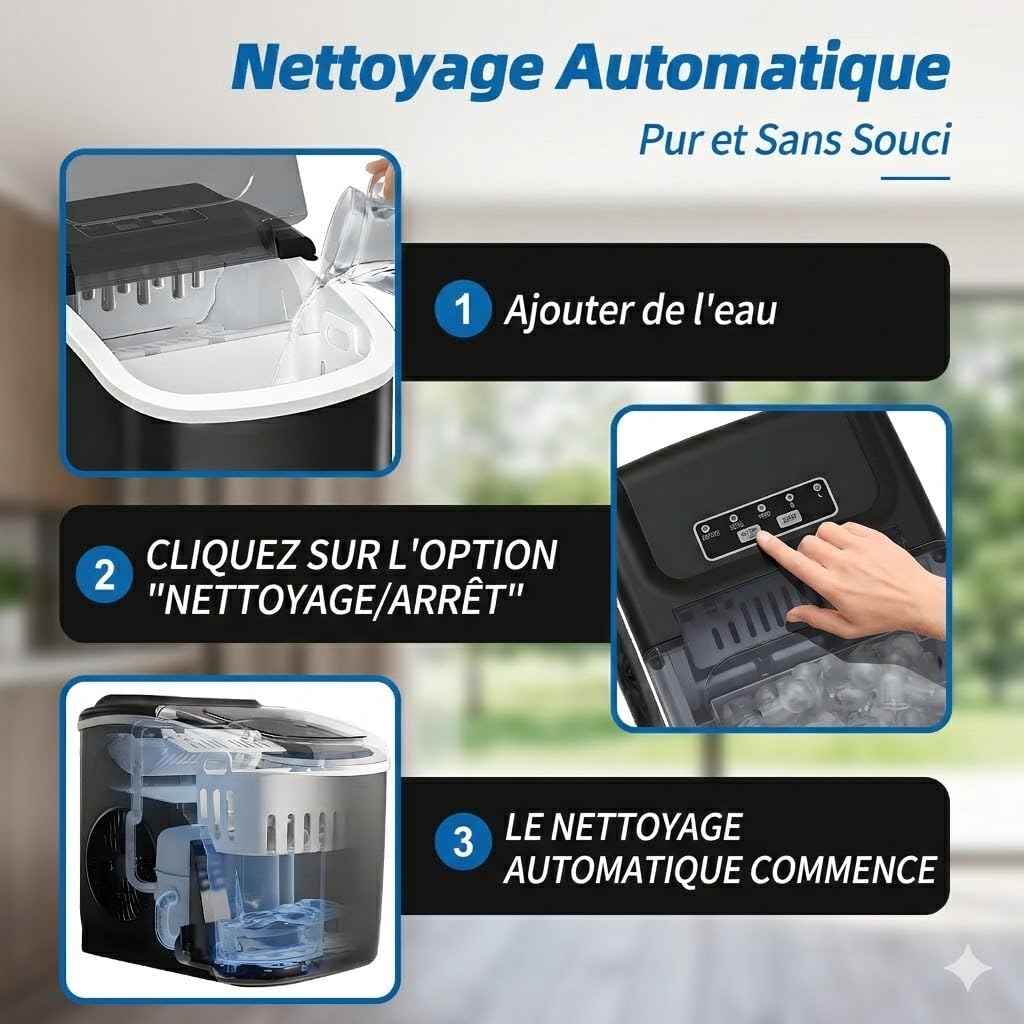 Machine à Glaçons Portable 12kg par 24h Produit 9 Glaçons en 6 Minutes Appareil avec Fonction Autonettoyante Capteur Infrarouge et 2 Tailles de Glaçons pour Cuisine et Camping Noir