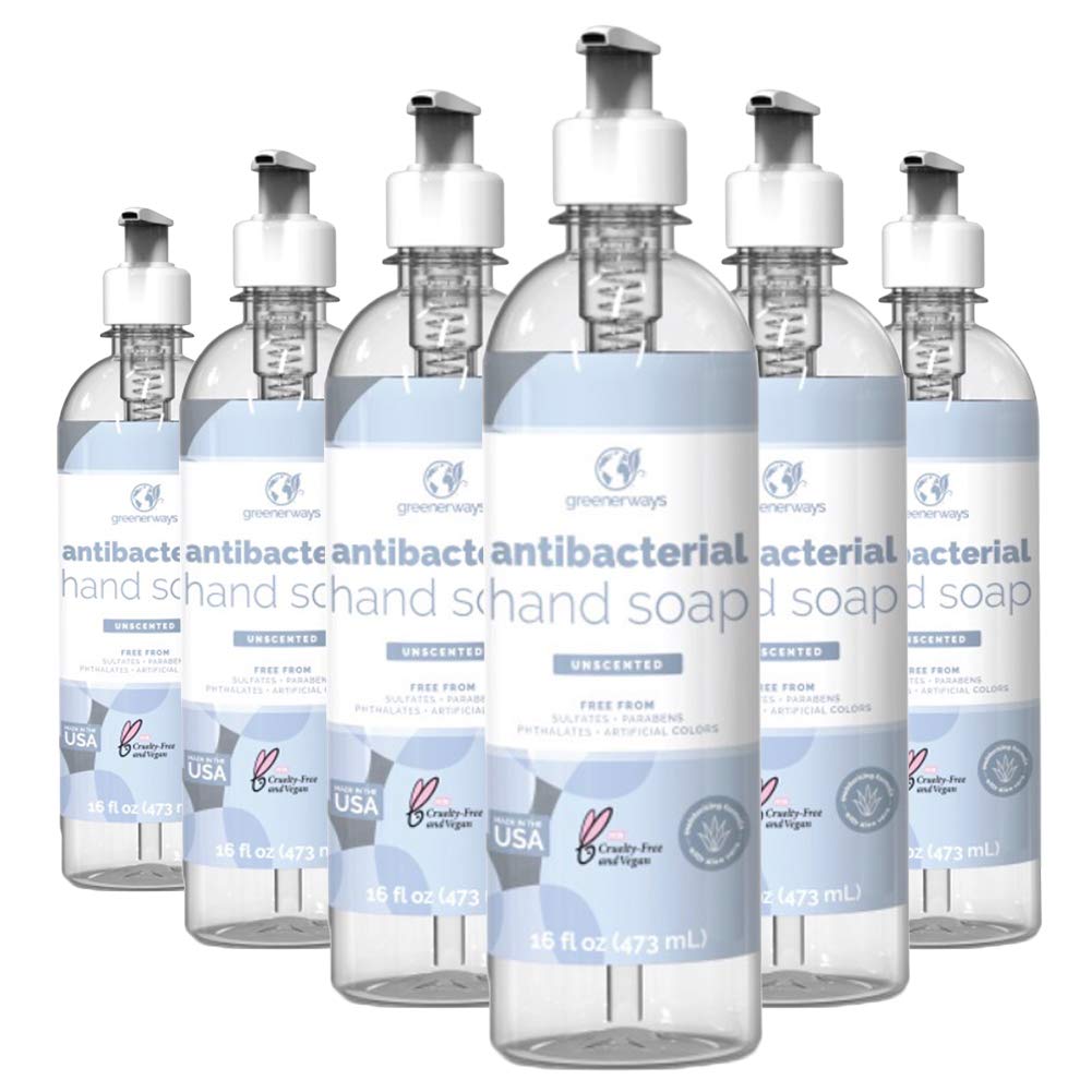Greenerways Antibacterial Hand Soap Made in USA Unscented Liquid Hand Soap with Pump and Soothing Aloe Vera | Sulfate-Free, Paraben-Free, Cruelty-Free, Vegan Hand Wash (Unscented)