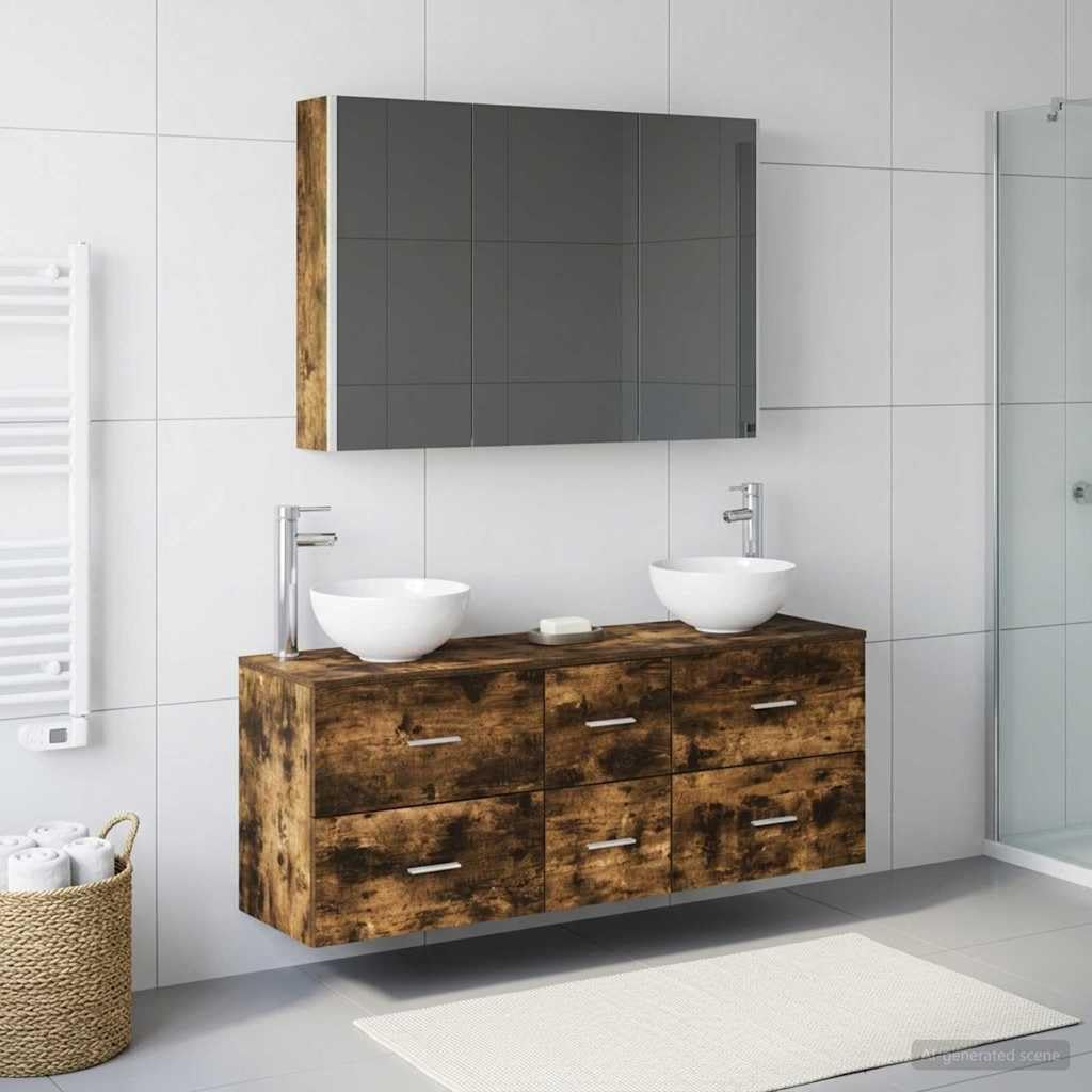 Juego de 4 muebles de baño de roble ahumado con espejo LED, montaje en pared, espacio de almacenamiento e iluminación USB para un diseño moderno de baño